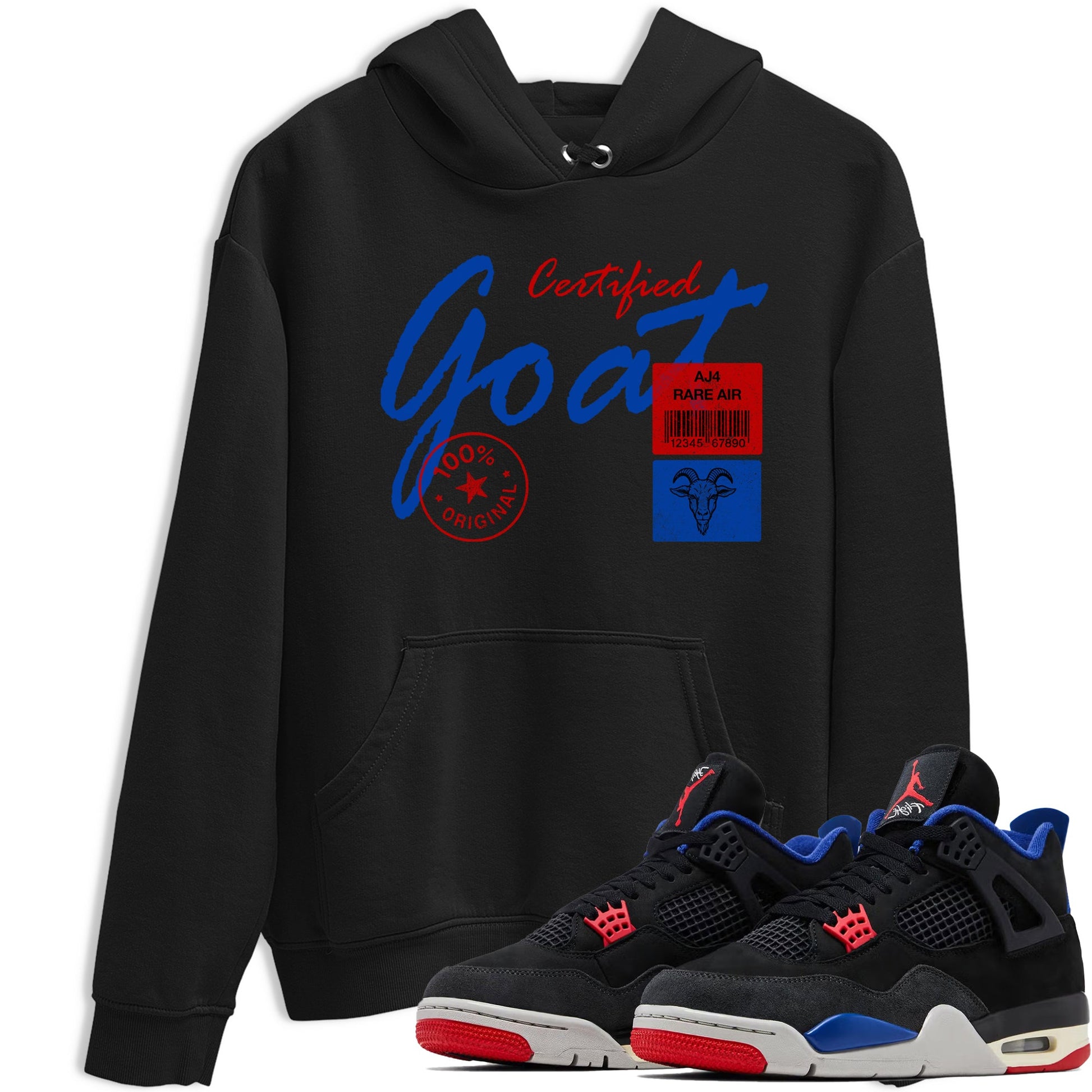 Certified Goat sneaker match t-shirt styled to complete your fit with the Air Jordan 4 Rare Air sneakers, shown in Black 1.