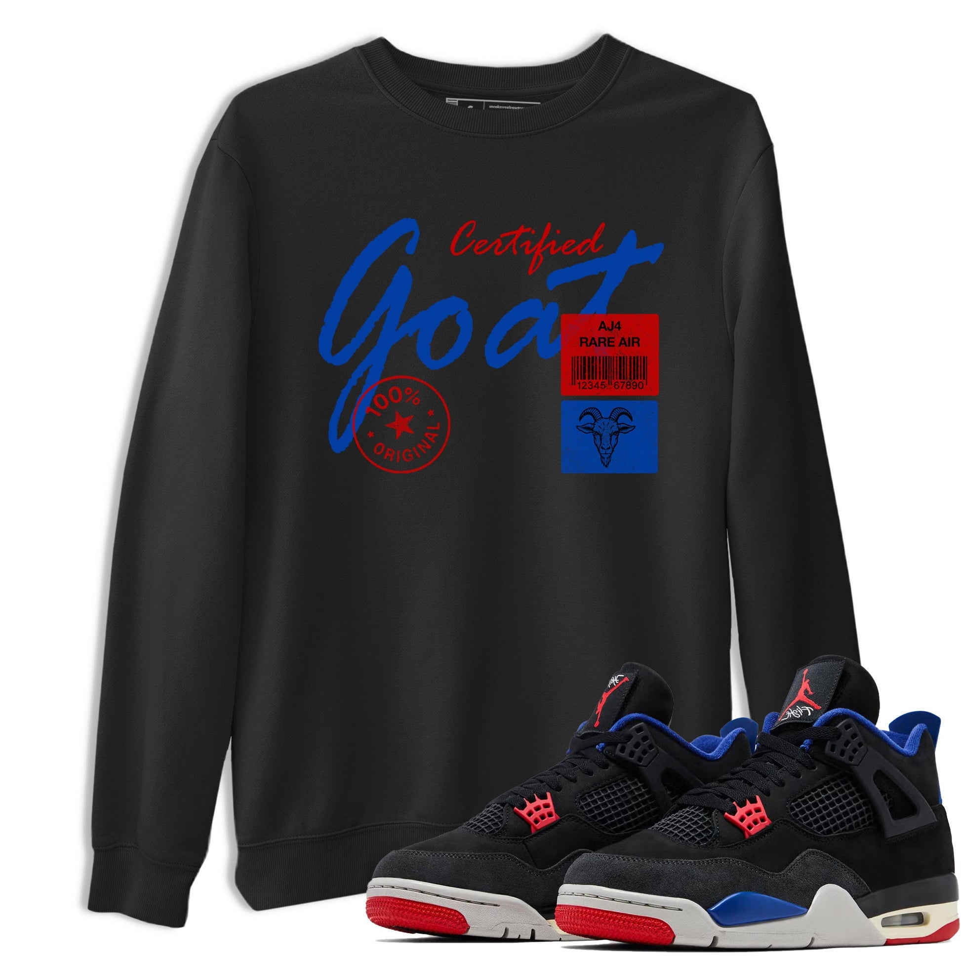 Certified Goat sneaker match t-shirt styled to complete your fit with the Air Jordan 4 Rare Air sneakers, shown in Black 1.