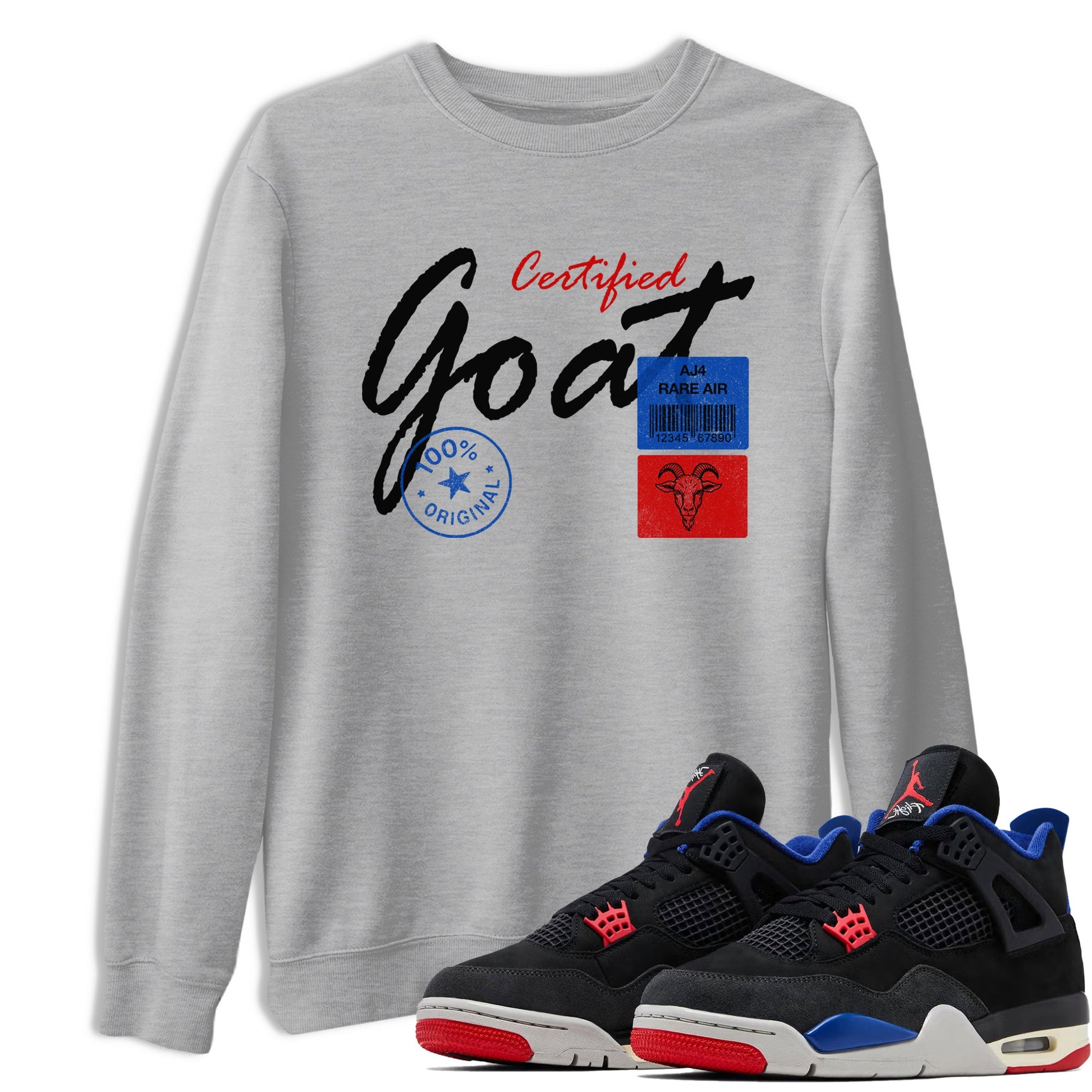 Certified Goat sneaker match t-shirt styled to complete your fit with the Air Jordan 4 Rare Air sneakers, shown in Heather Grey 1.