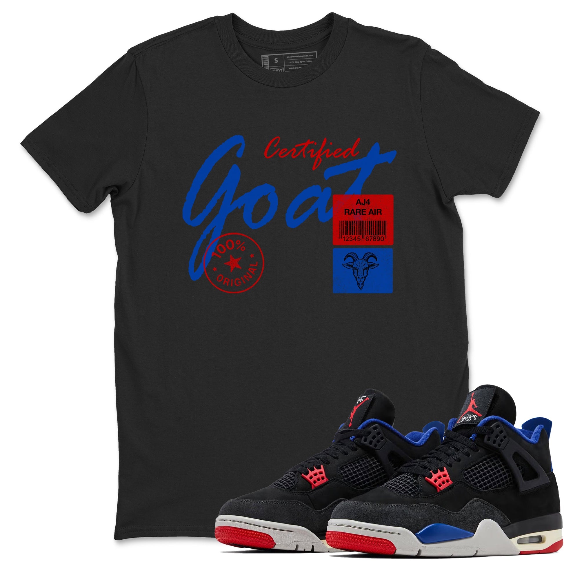 Certified Goat sneaker match t-shirt styled to complete your fit with the Air Jordan 4 Rare Air sneakers, shown in Black 1.