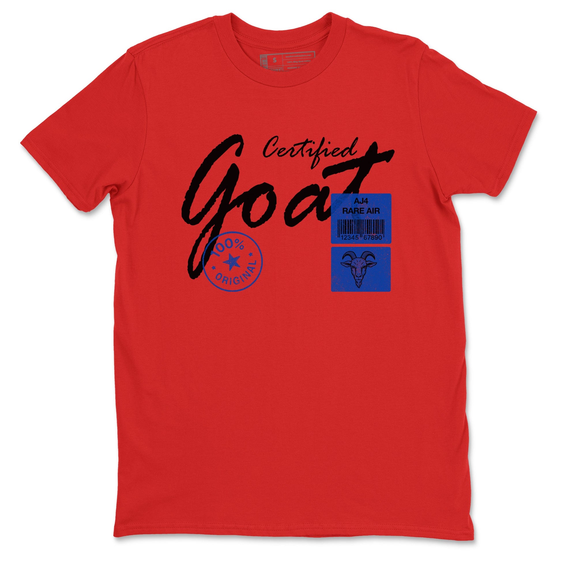 Certified Goat sneaker match t-shirt styled to complete your fit with the Air Jordan 4 Rare Air sneakers, shown in Red 2.