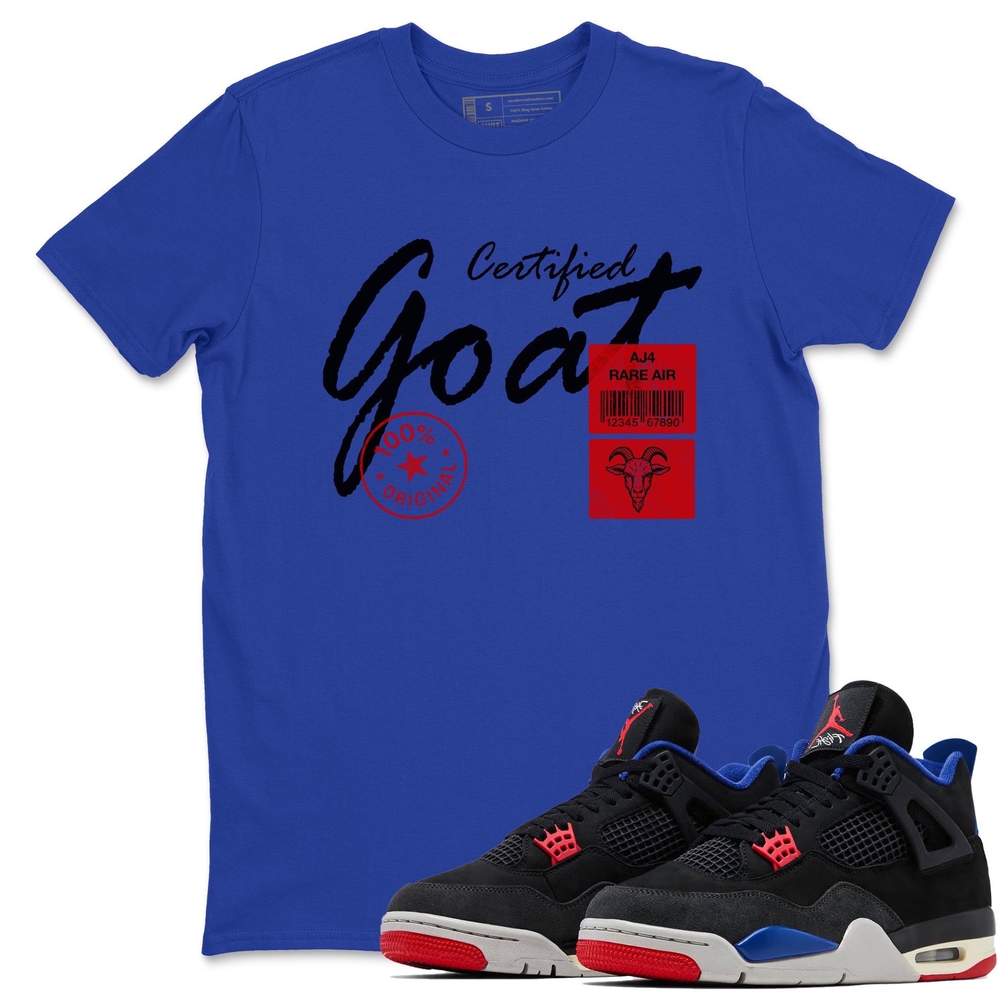 Certified Goat sneaker match t-shirt styled to complete your fit with the Air Jordan 4 Rare Air sneakers, shown in Royal Blue 1.