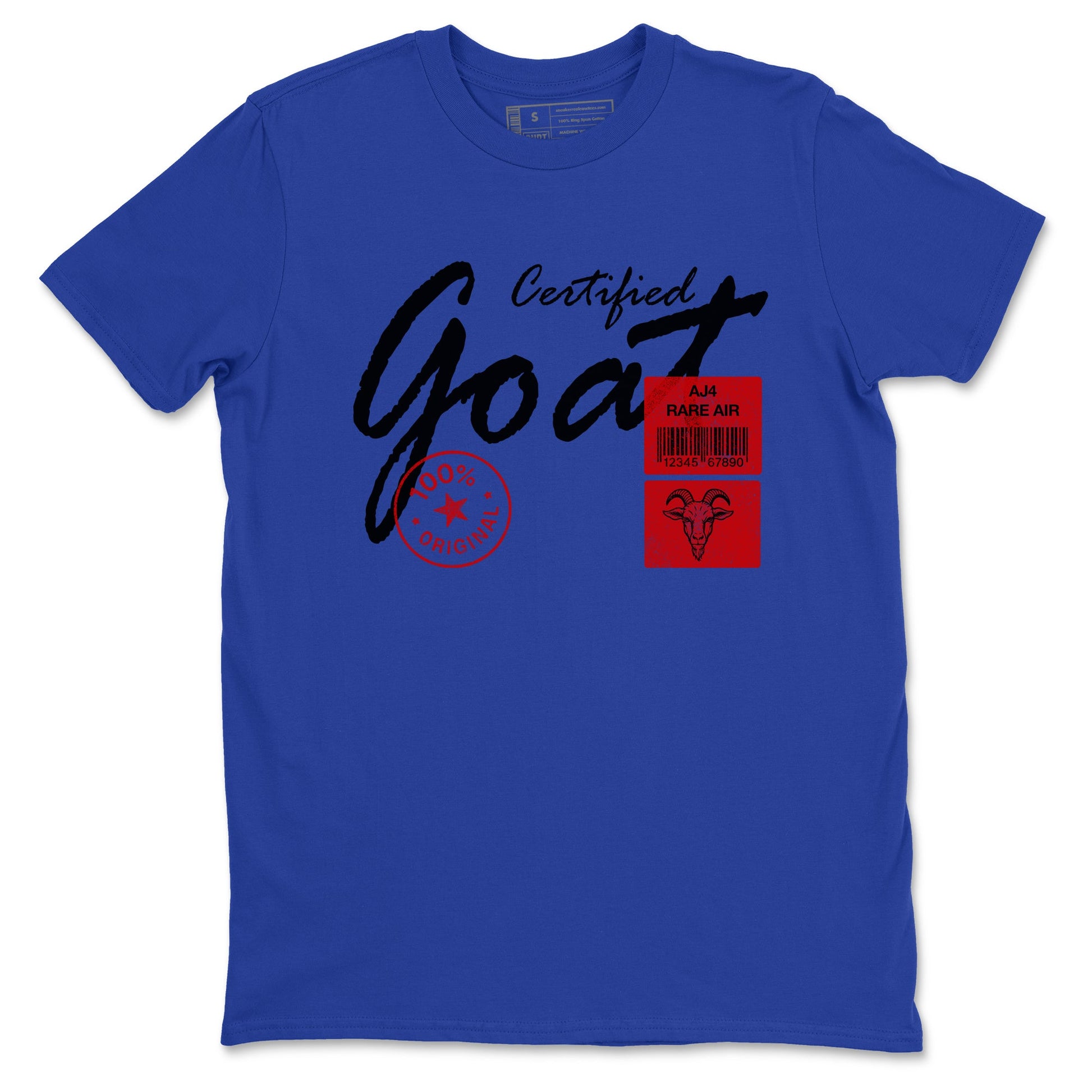 Certified Goat sneaker match t-shirt styled to complete your fit with the Air Jordan 4 Rare Air sneakers, shown in Royal Blue 2.