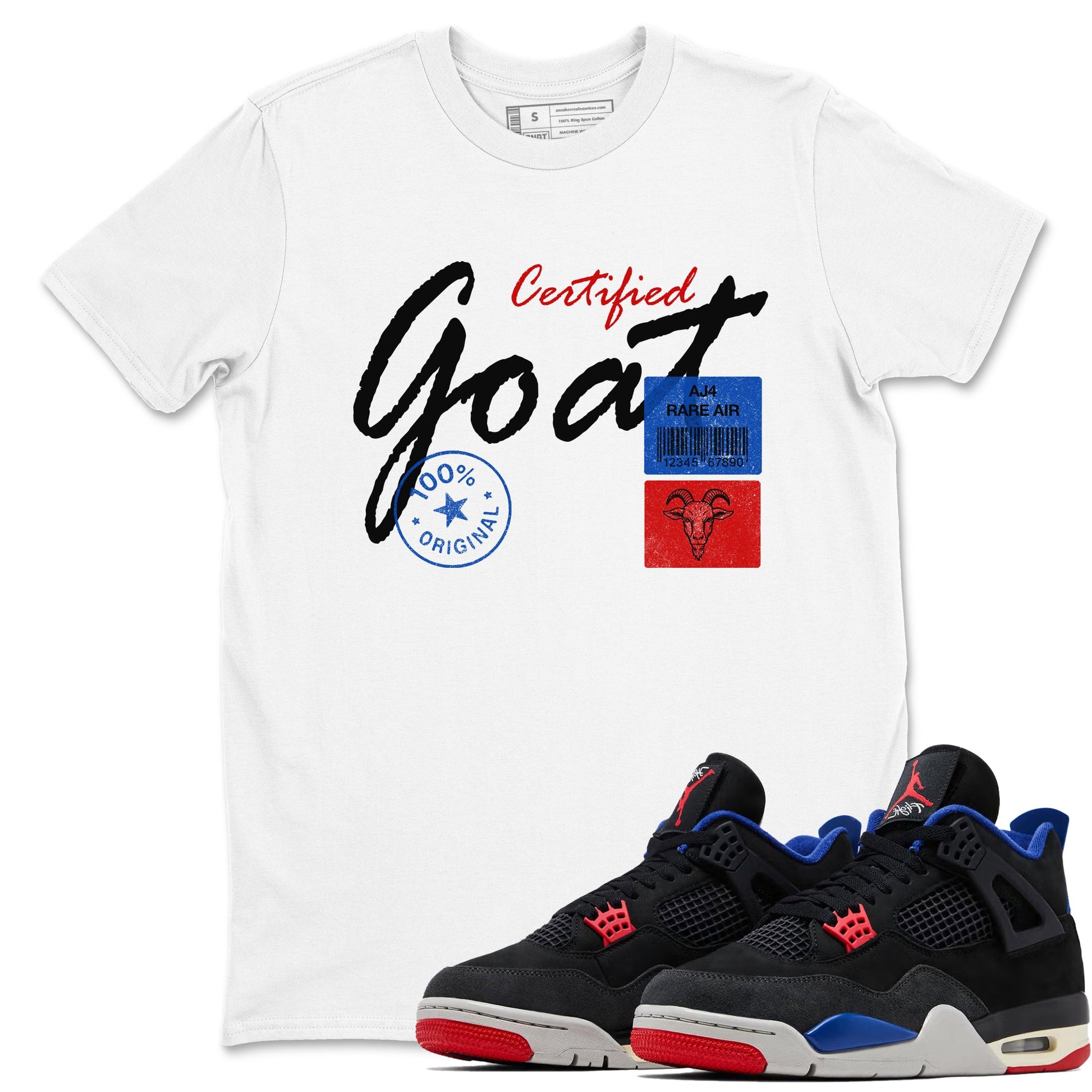Certified Goat sneaker match t-shirt styled to complete your fit with the Air Jordan 4 Rare Air sneakers, shown in White 1.
