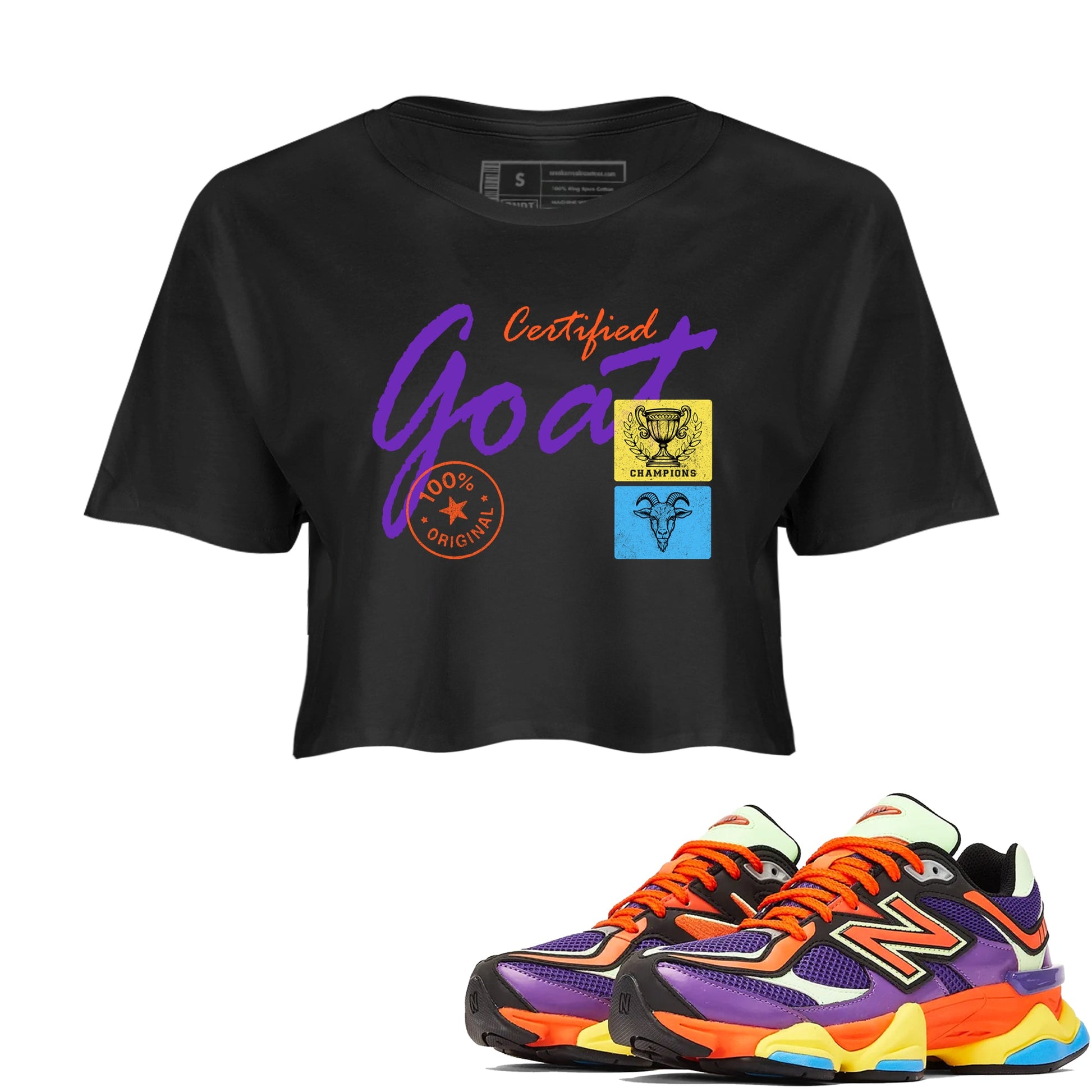 Sneaker Threads – Sneaker Tees To Match New Balance 9060 Prism Purple – Certified Goat Crop Tee Black 1. Perfect for Jordan releases 2025 colorways.