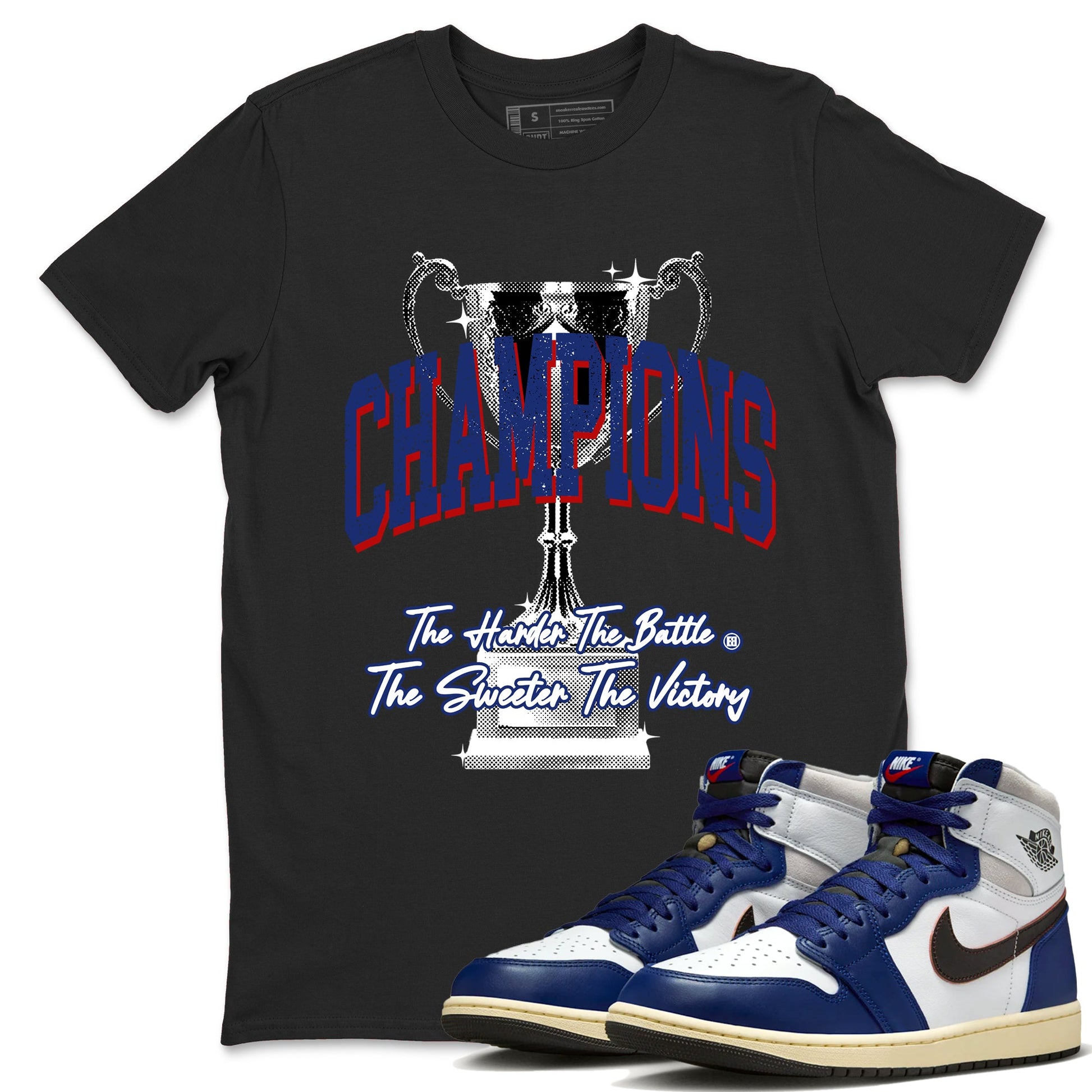 1s Rare Air shirts to match jordans Champions Trophy sneaker match tees Air Jordan 1 High OG Rare Air Deep Royal Blue match shoes to clothes SNRT Sneaker Tees unisex cotton Black 1 shirts