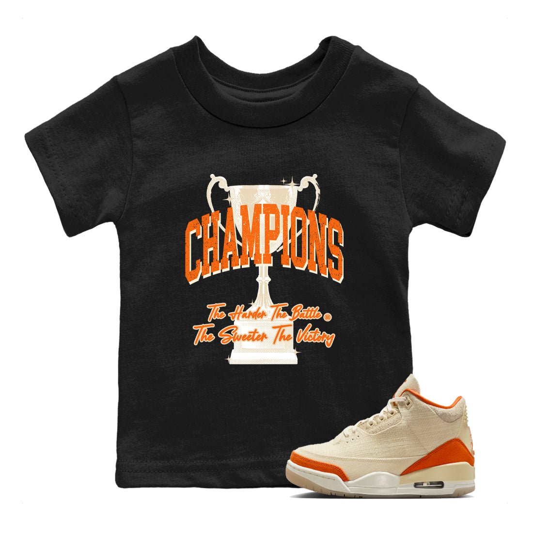 Champions Trophy baby and kids t-shirt crafted for little sneakerheads to shine with the Air Jordan 3 Starfish sneakers, displayed in Black 1.