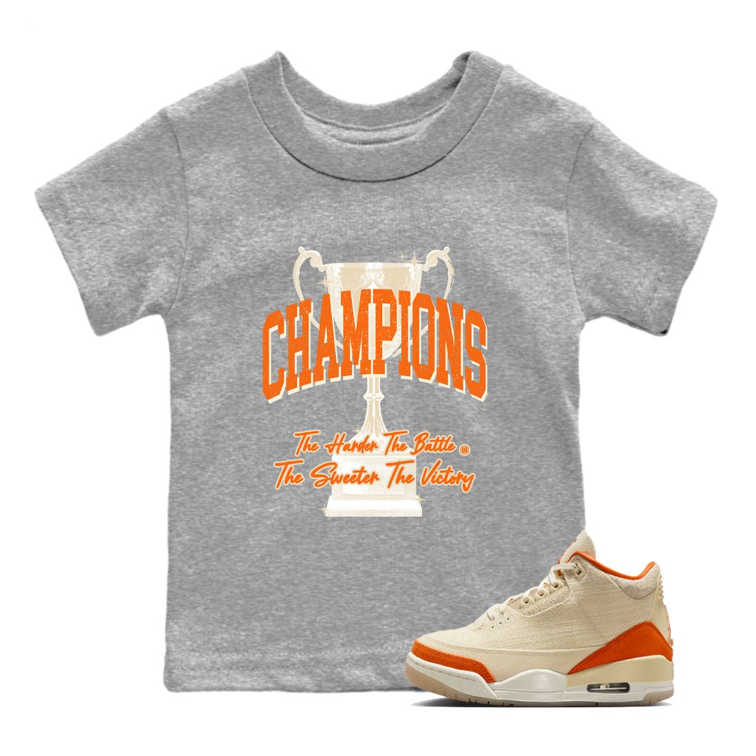 Champions Trophy baby and kids t-shirt crafted for little sneakerheads to shine with the Air Jordan 3 Starfish sneakers, displayed in Heather Grey 1.