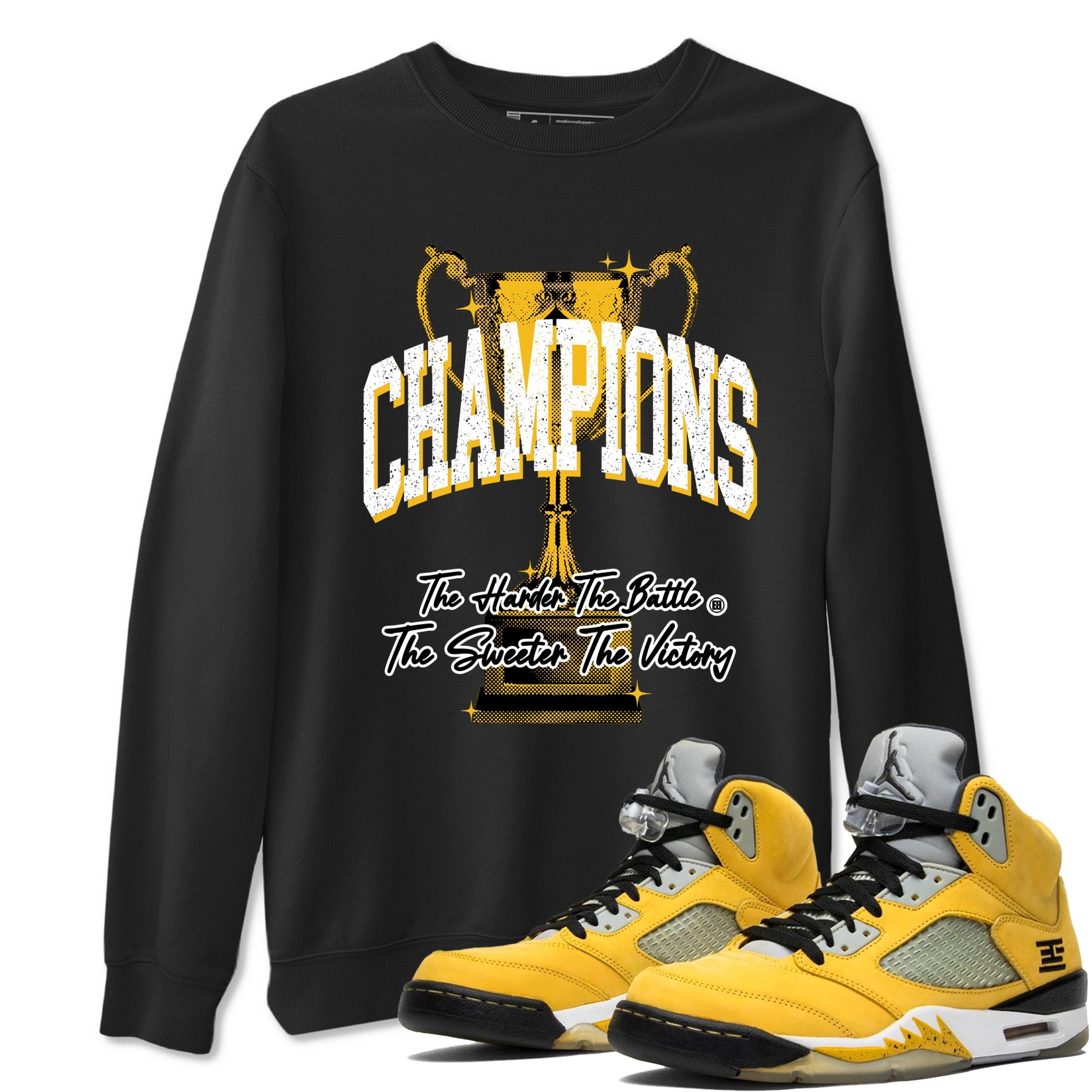Champions Trophy sneaker match tees styled to complete your fit with the Air Jordan 5 Tokyo sneakers, shown in Black 1.