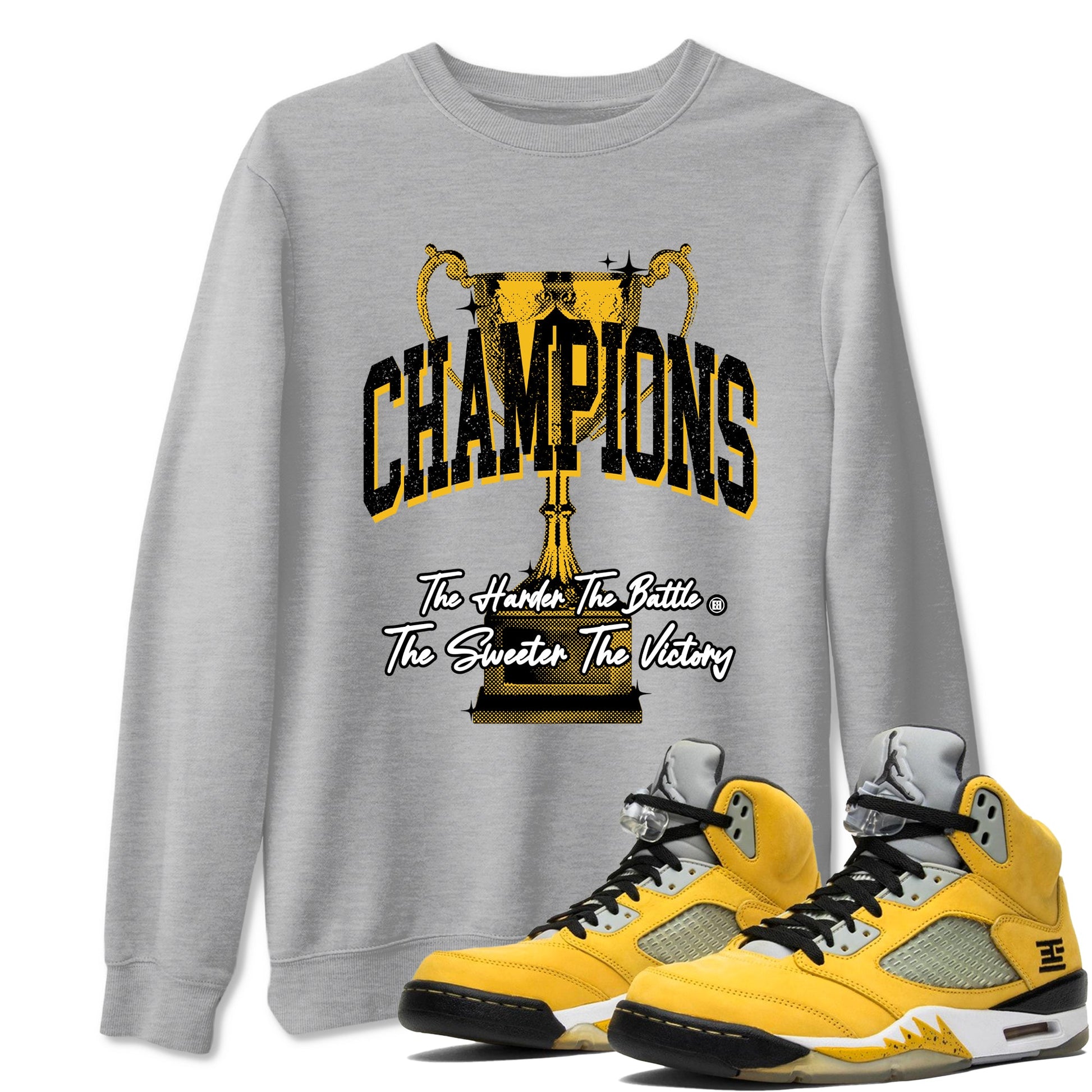 Champions Trophy sneaker match tees styled to complete your fit with the Air Jordan 5 Tokyo sneakers, shown in Heather Grey 1.