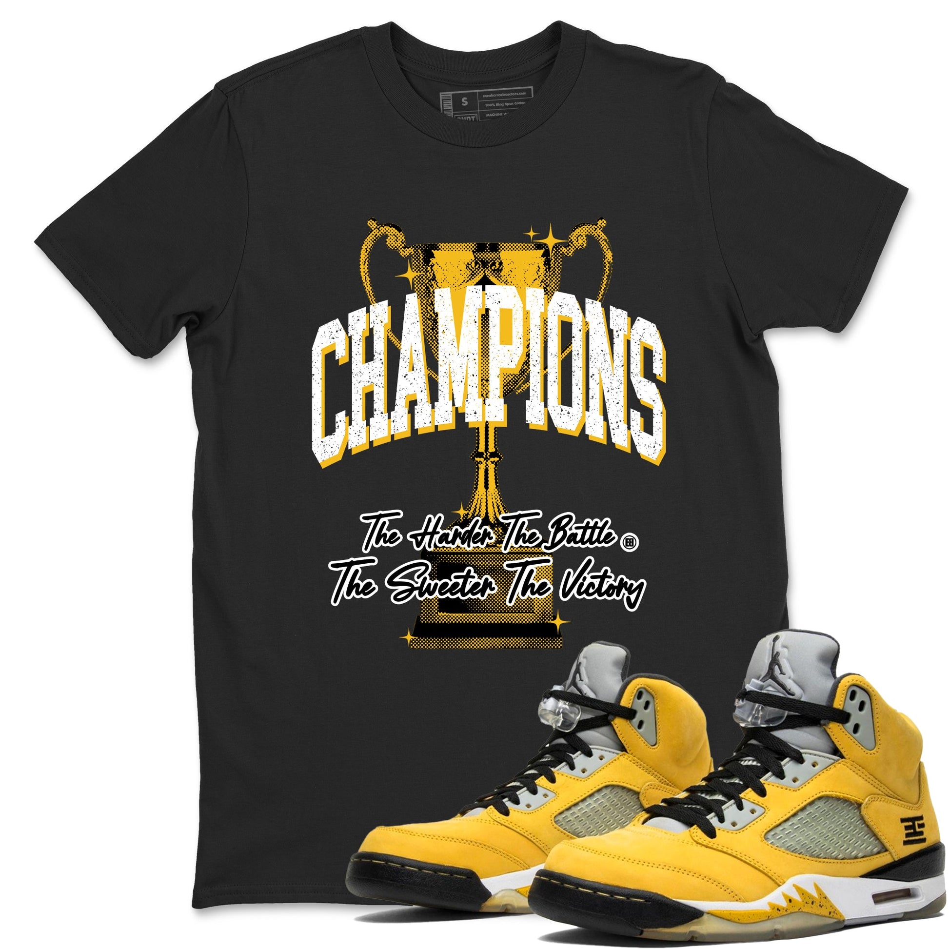 Champions Trophy sneaker match tees styled to complete your fit with the Air Jordan 5 Tokyo sneakers, shown in Black 1.