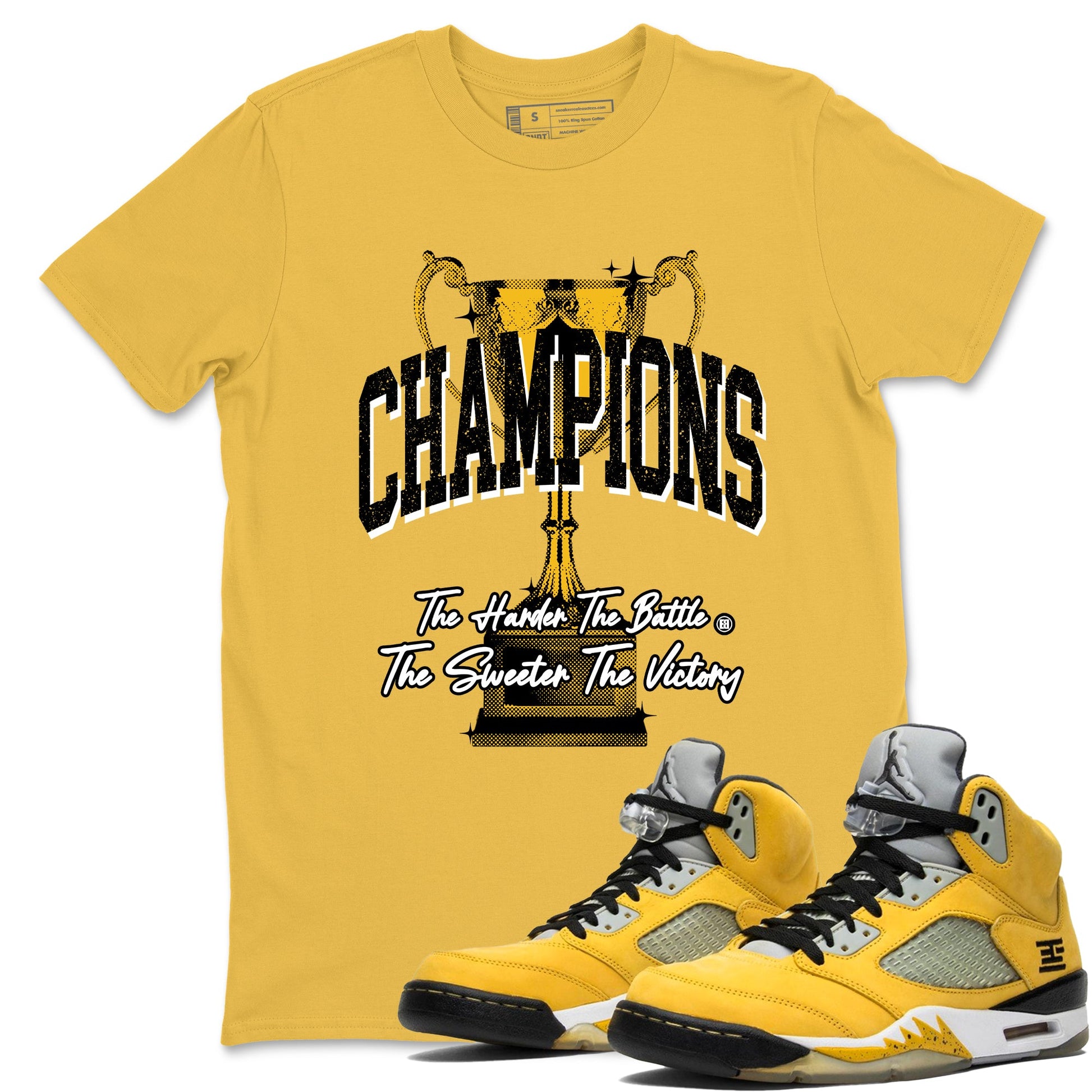 Champions Trophy sneaker match tees styled to complete your fit with the Air Jordan 5 Tokyo sneakers, shown in Daisy 1.