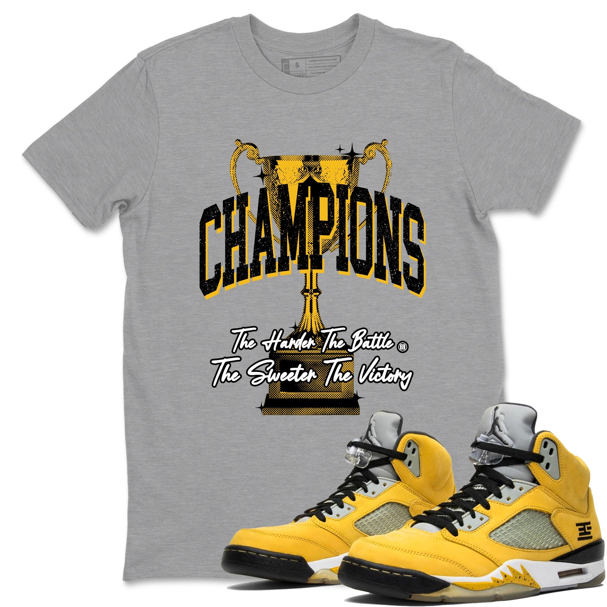 Champions Trophy sneaker match tees styled to complete your fit with the Air Jordan 5 Tokyo sneakers, shown in Heather Grey 1.