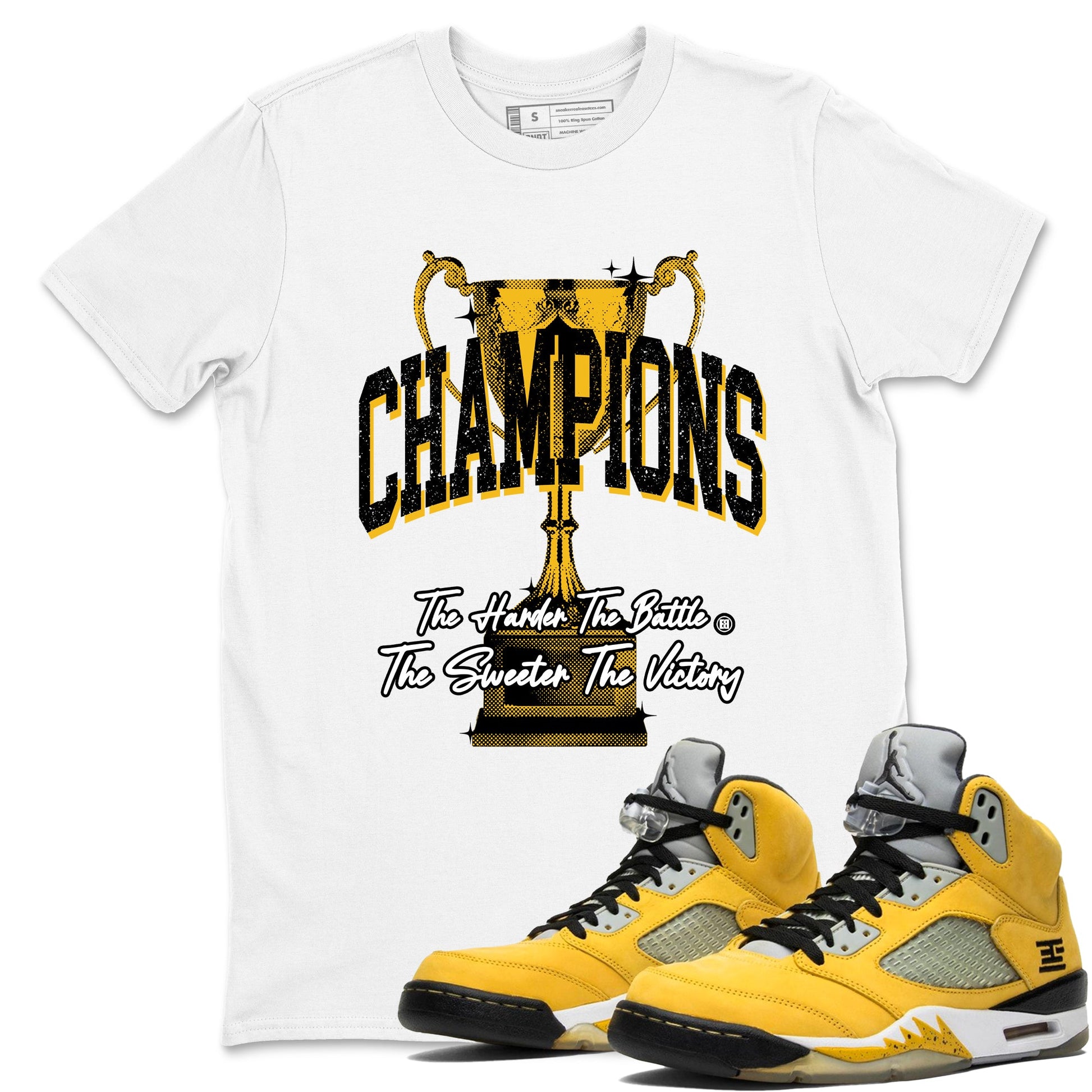 Champions Trophy sneaker match tees styled to complete your fit with the Air Jordan 5 Tokyo sneakers, shown in White 1.