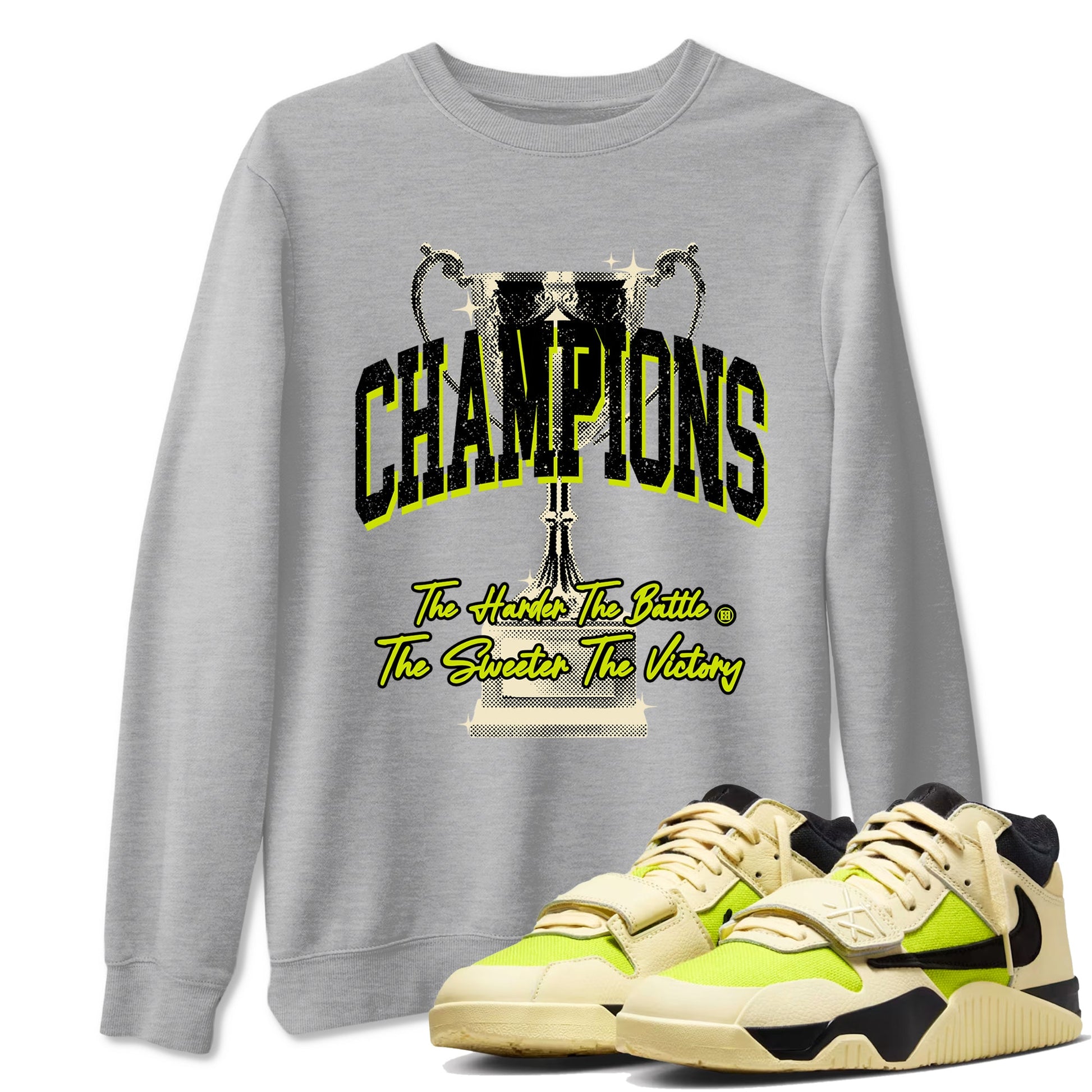 Champions Trophy sneaker match t-shirt styled to complete your fit with the Jordan Jumpman Jack Travis Scott Bright Cactus sneakers, shown in Heather Grey 1.