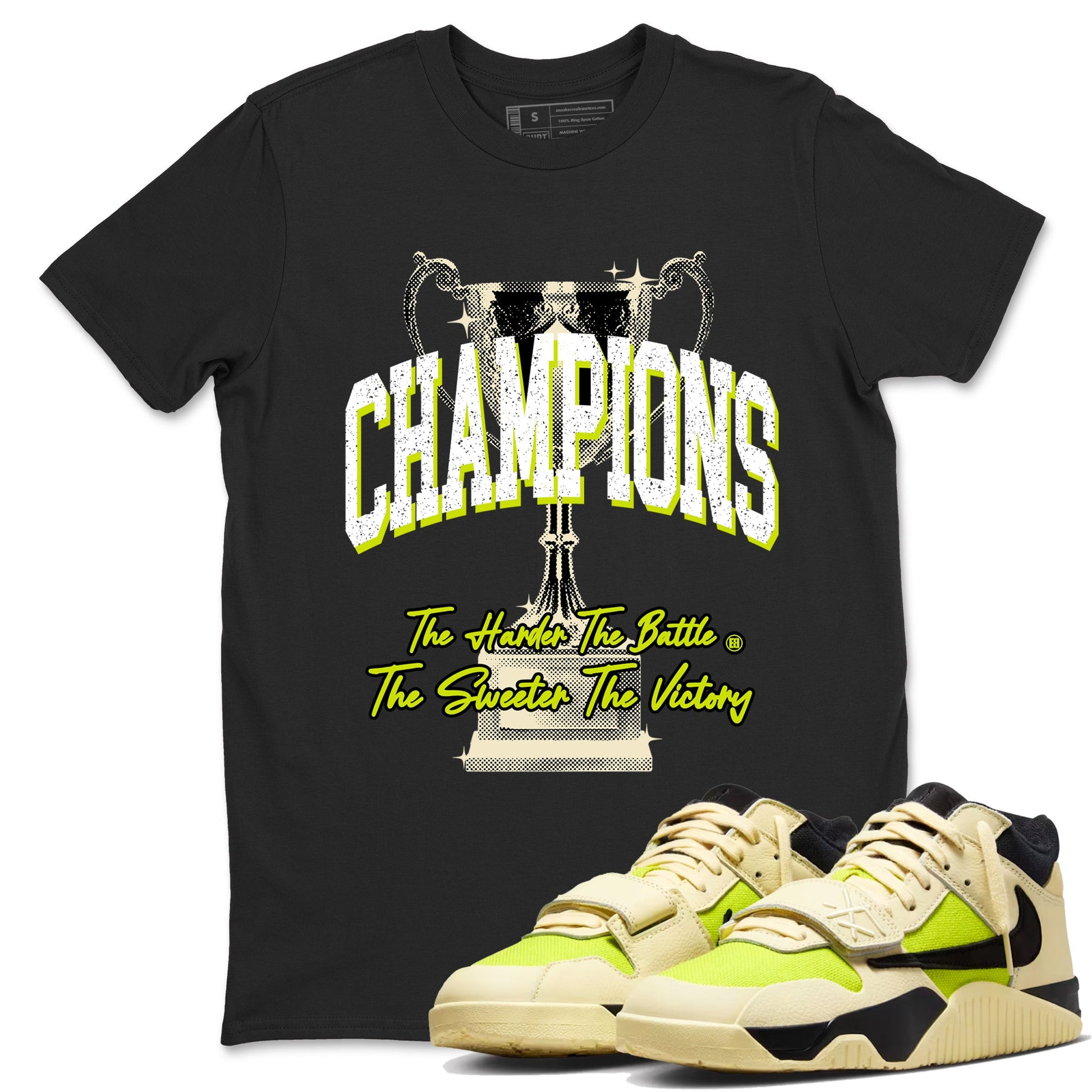Champions Trophy sneaker match t-shirt styled to complete your fit with the Jordan Jumpman Jack Travis Scott Bright Cactus sneakers, shown in Black 1.