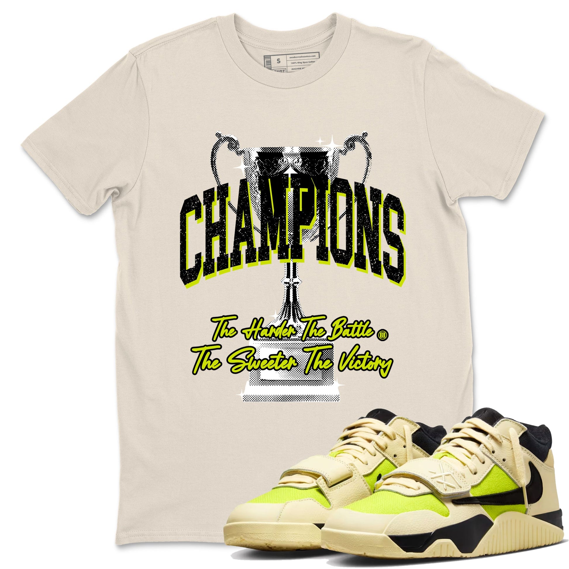 Champions Trophy sneaker match t-shirt styled to complete your fit with the Jordan Jumpman Jack Travis Scott Bright Cactus sneakers, shown in Natural 1.