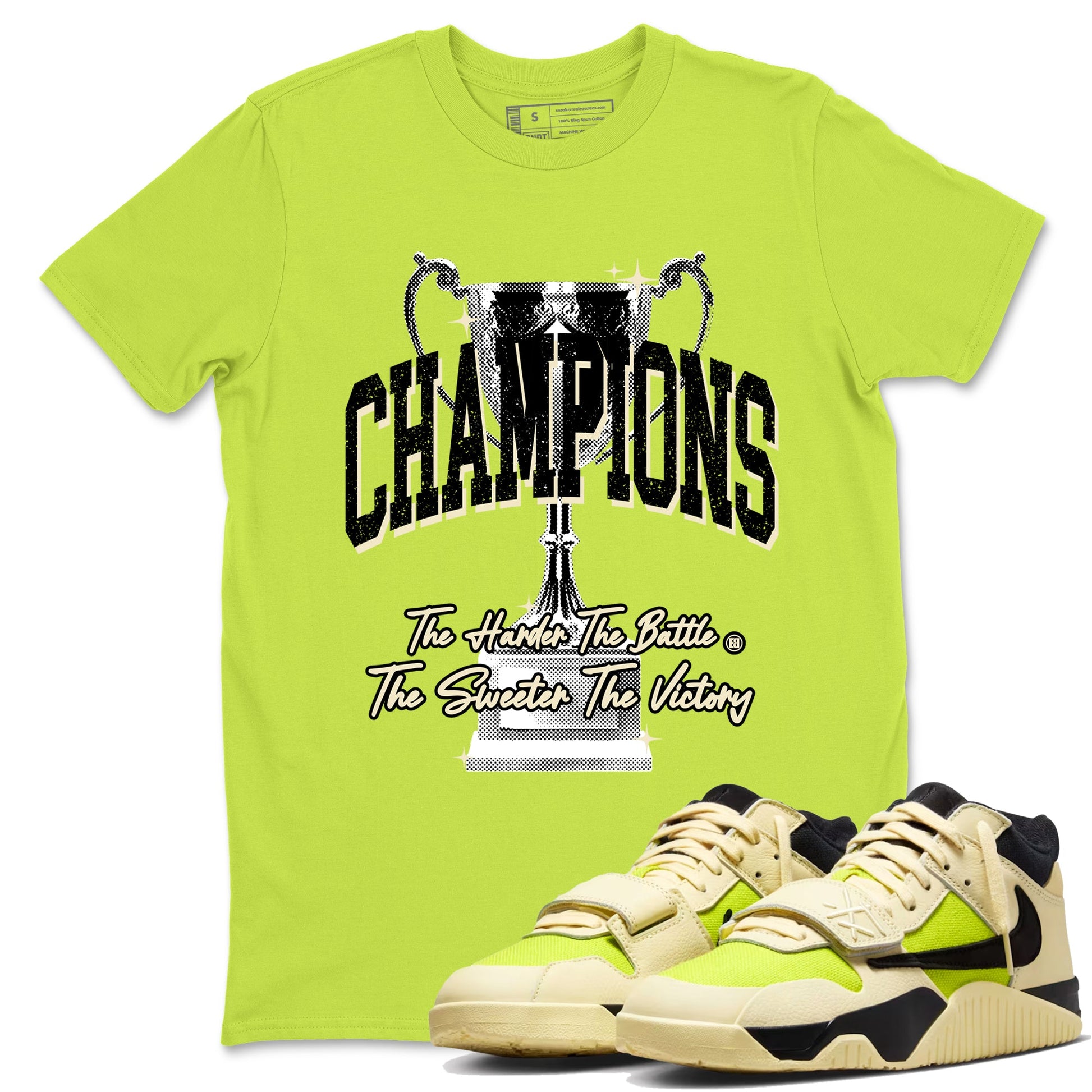 Champions Trophy sneaker match t-shirt styled to complete your fit with the Jordan Jumpman Jack Travis Scott Bright Cactus sneakers, shown in Safety Green 1.