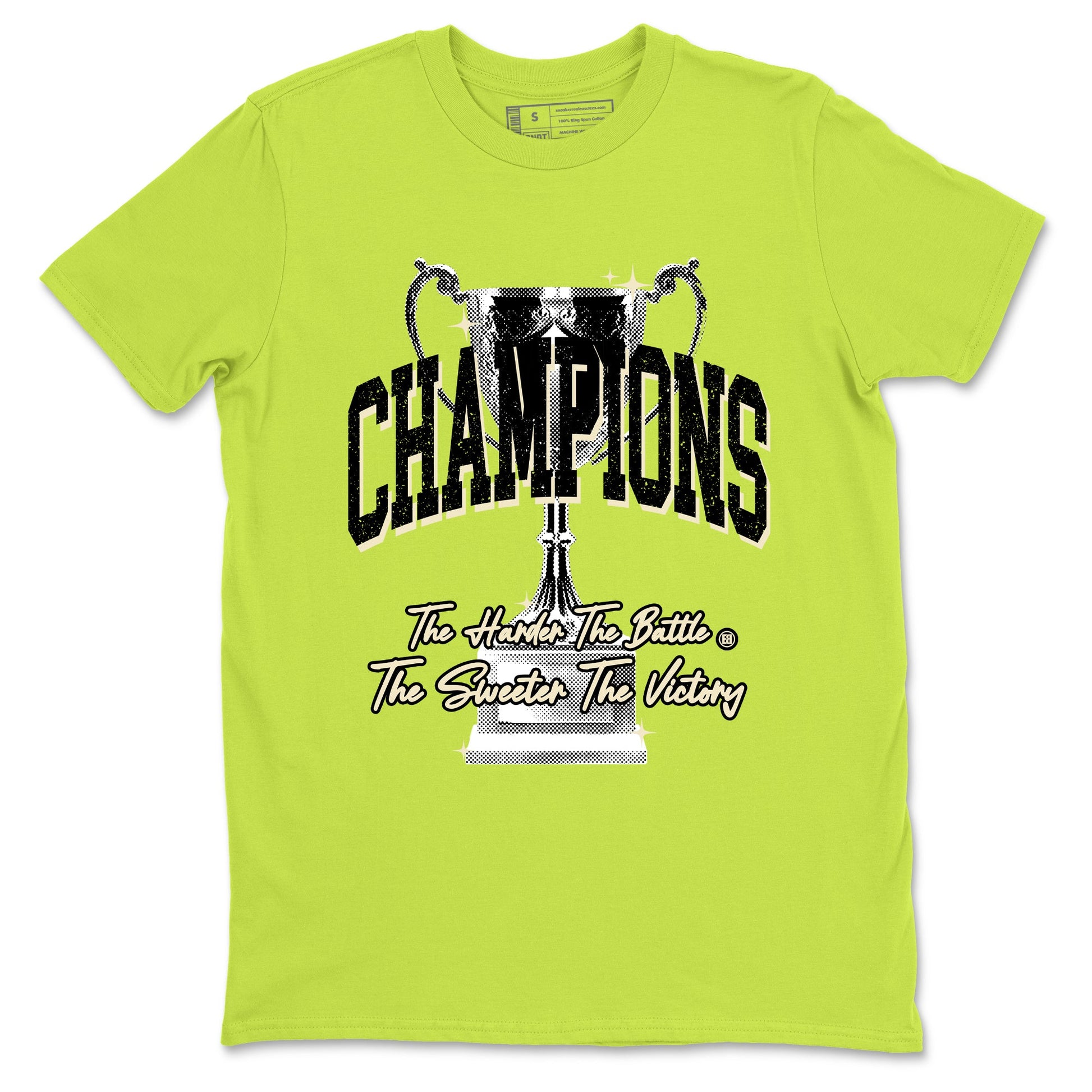 Champions Trophy sneaker match t-shirt styled to complete your fit with the Jordan Jumpman Jack Travis Scott Bright Cactus sneakers, shown in Safety Green 2.