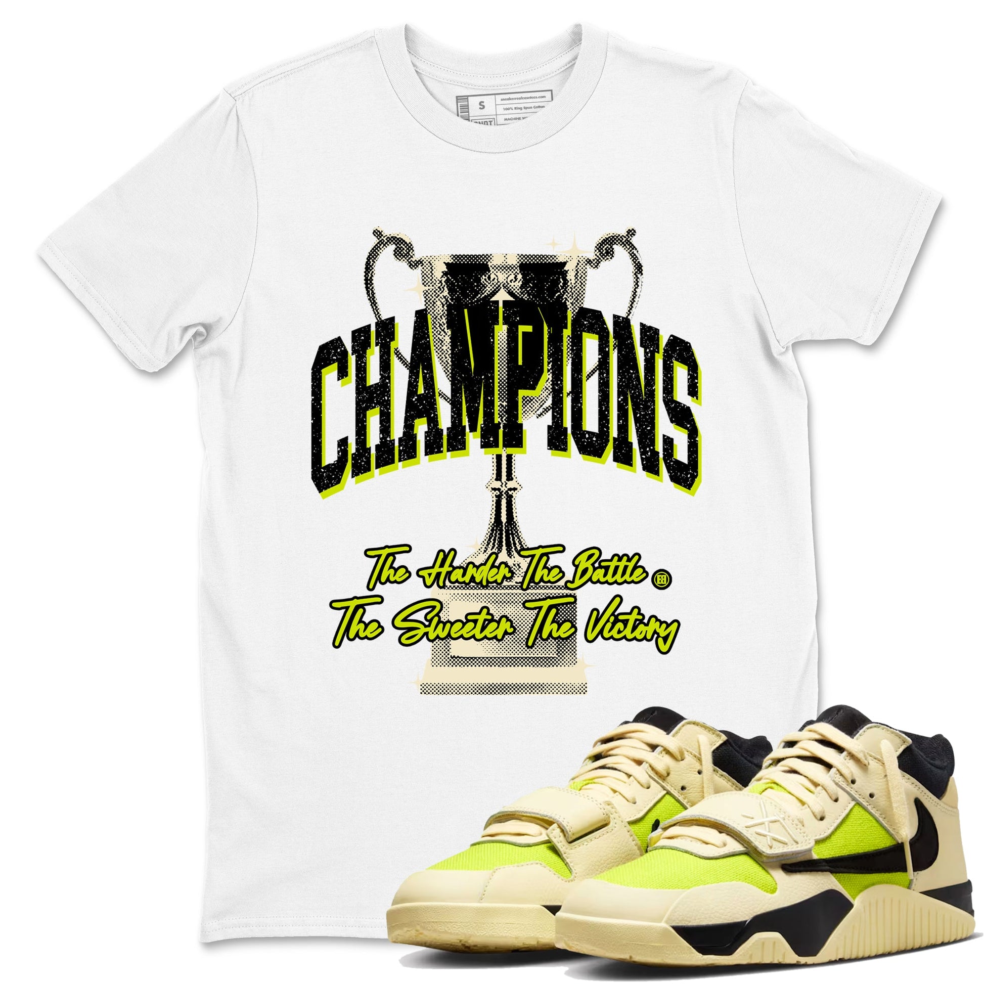 Champions Trophy sneaker match t-shirt styled to complete your fit with the Jordan Jumpman Jack Travis Scott Bright Cactus sneakers, shown in White 1.