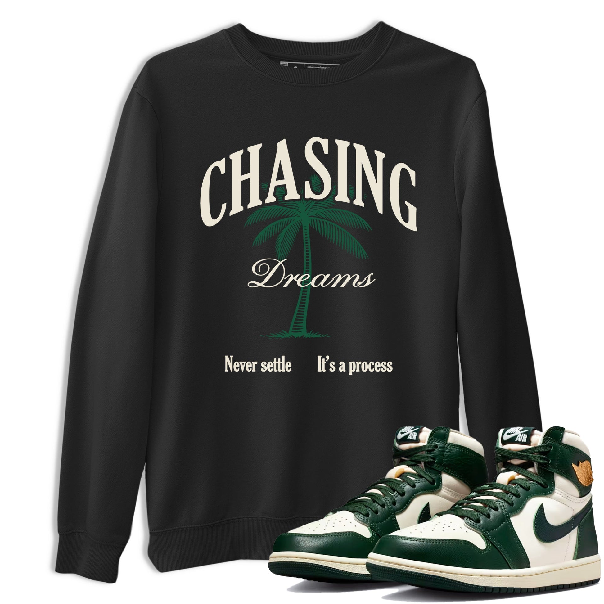 Sneaker Threads – Sneaker Tees To Match Air Jordan 1 Pro Green – Chasing Dreams Graphic Tee Black 1. Perfect for Jordan releases 2025 colorways.
