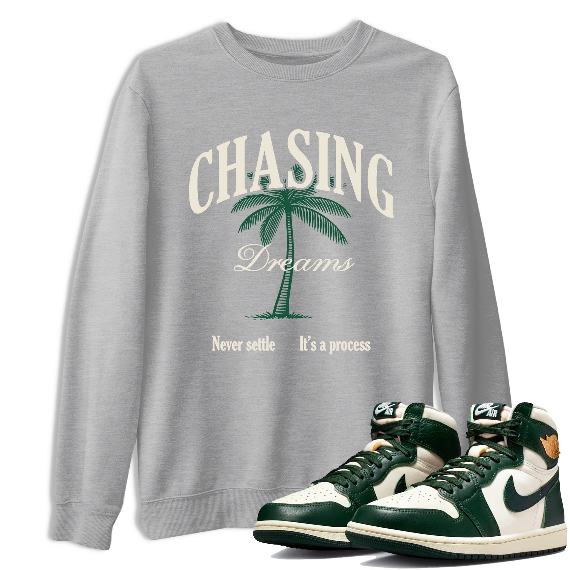Sneaker Threads – Sneaker Tees To Match Air Jordan 1 Pro Green – Chasing Dreams Graphic Tee Heather Grey 1. Perfect for Jordan releases 2025 colorways.