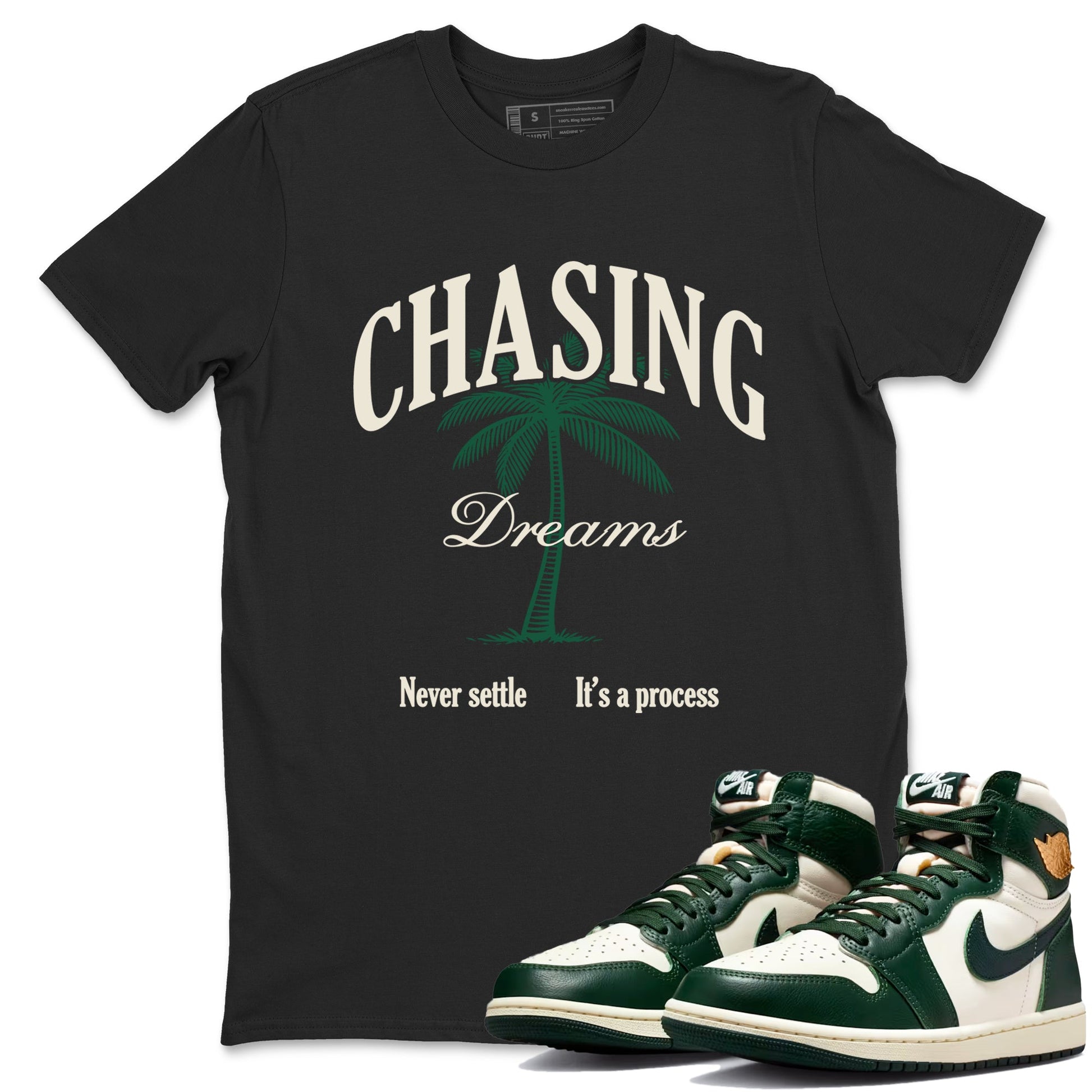 Sneaker Threads – Sneaker Tees To Match Air Jordan 1 Pro Green – Chasing Dreams Graphic Tee Black 1. Perfect for Jordan releases 2025 colorways.