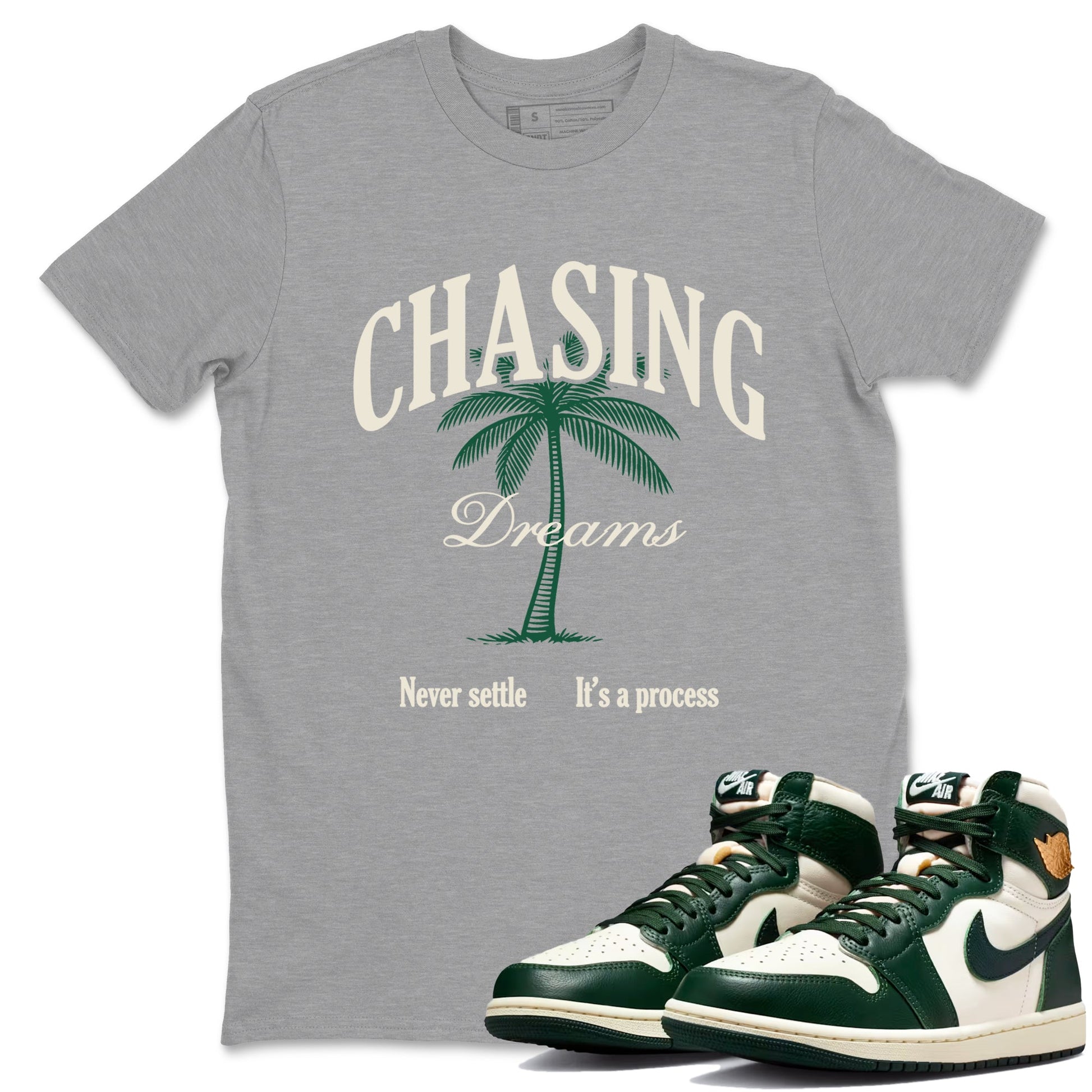 Sneaker Threads – Sneaker Tees To Match Air Jordan 1 Pro Green – Chasing Dreams Graphic Tee Heather Grey 1. Perfect for Jordan releases 2025 colorways.