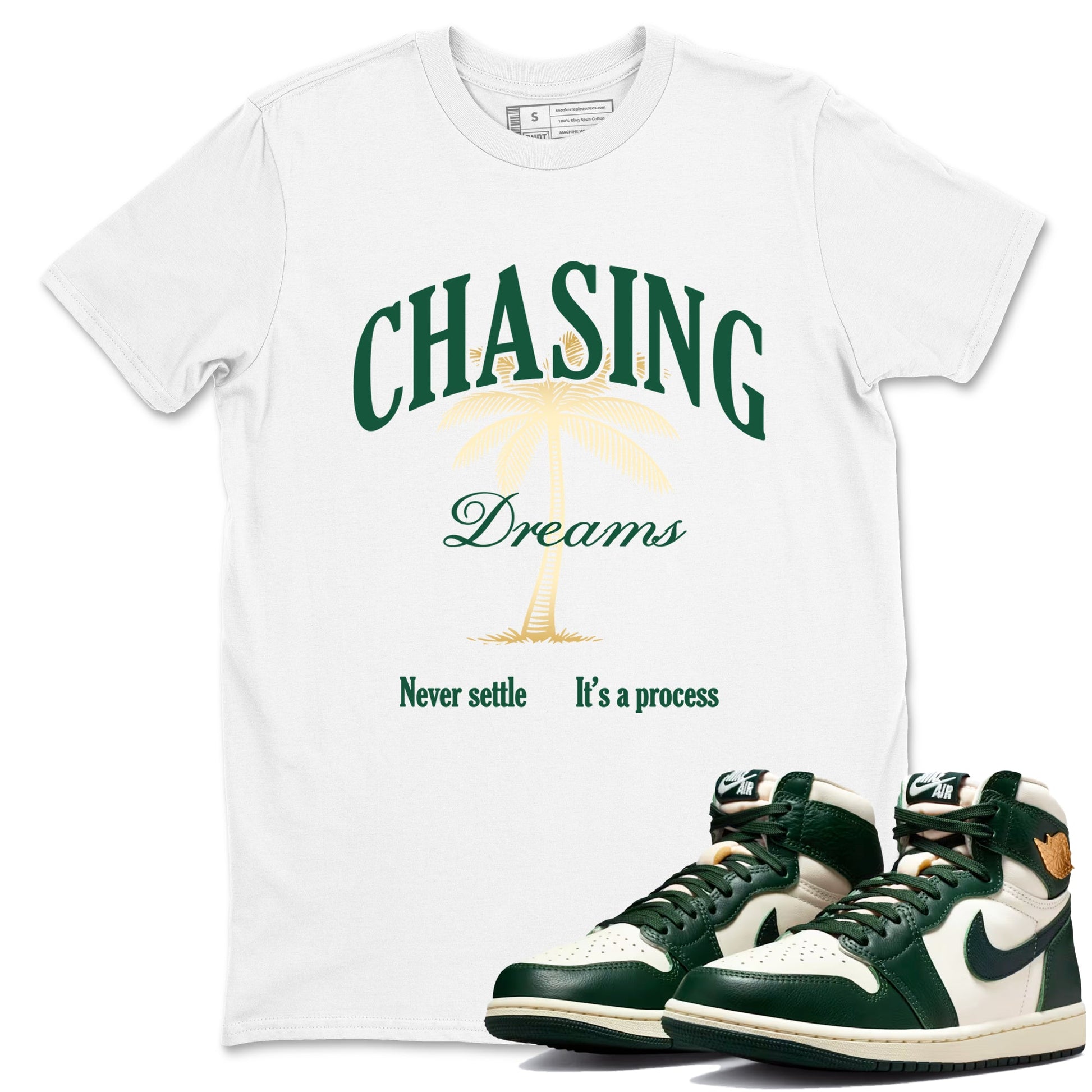 Sneaker Threads – Sneaker Tees To Match Air Jordan 1 Pro Green – Chasing Dreams Graphic Tee White 1. Perfect for Jordan releases 2025 colorways.