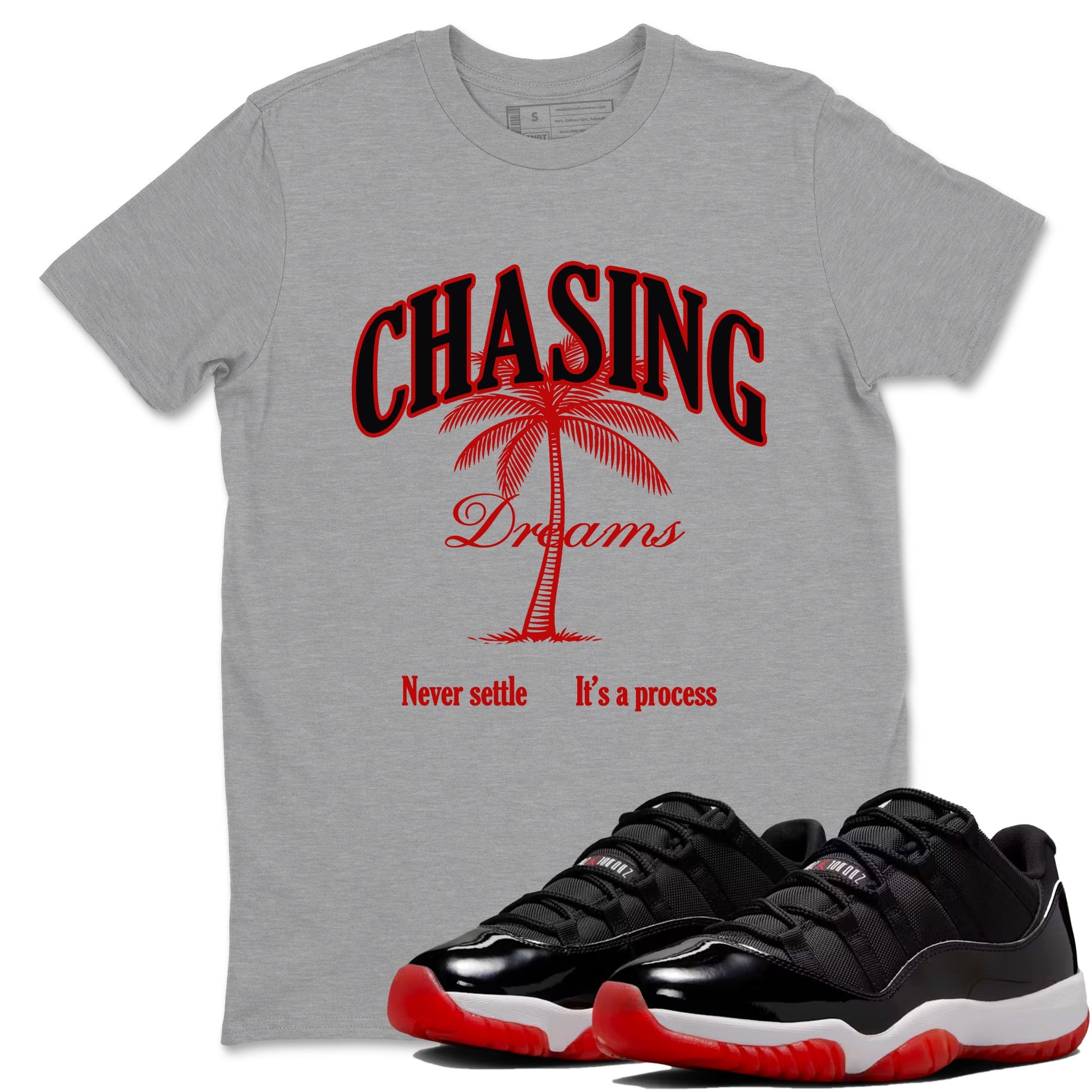 Air Jordan 11 Low Bred sneaker match tee Chasing Dreams sneaker match tees Air Jordan 11 Bred best t-shirts to match jordans SNRT Sneaker Tees unisex cotton Heather Grey 1 shirts
