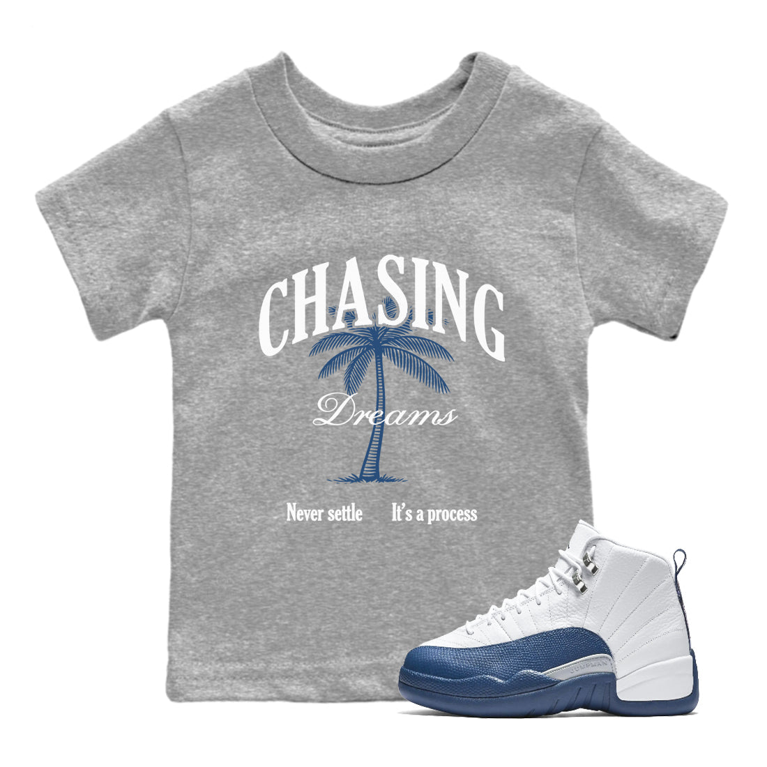 Sneaker match tees – Sneaker Tees To Match Air Jordan 12 French Blue Shoes – Chasing Dreams Kids T-Shirt Heather Grey 1