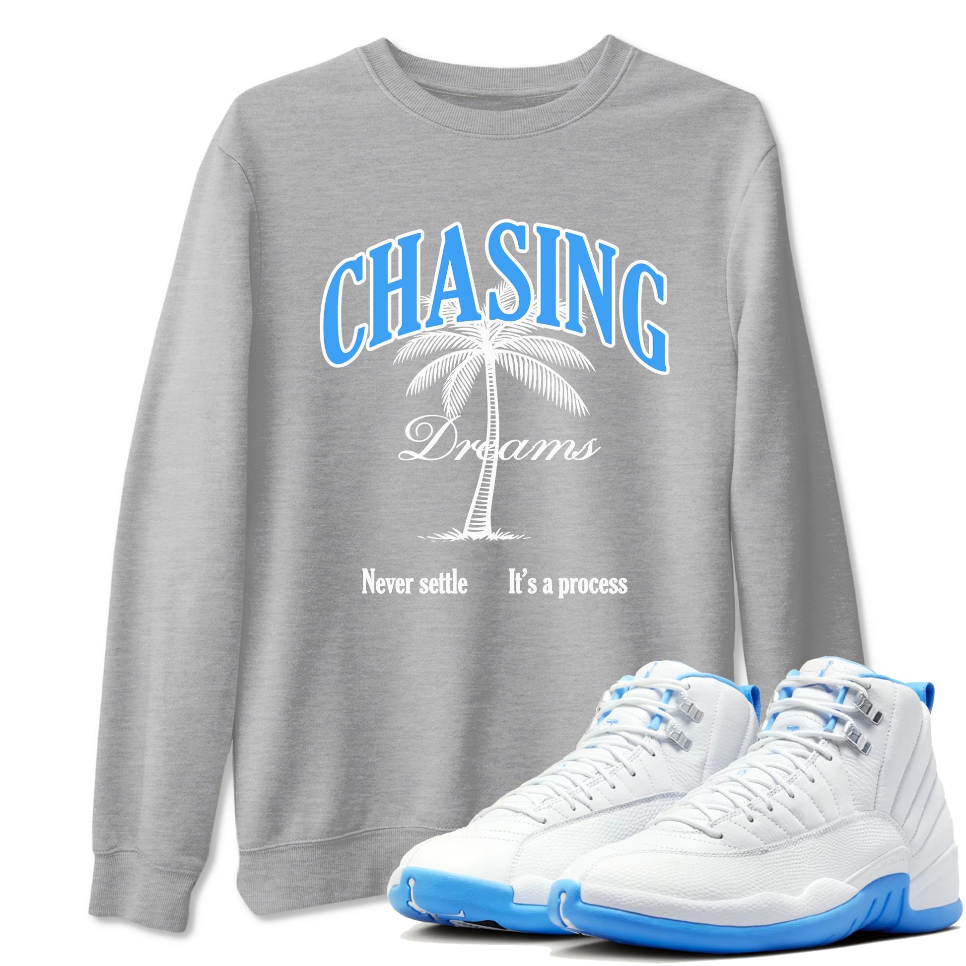 Chasing Dreams sneaker match t-shirt styled to complete your fit with the Air Jordan 12 White and University Blue sneakers, shown in Heather Grey 1.
