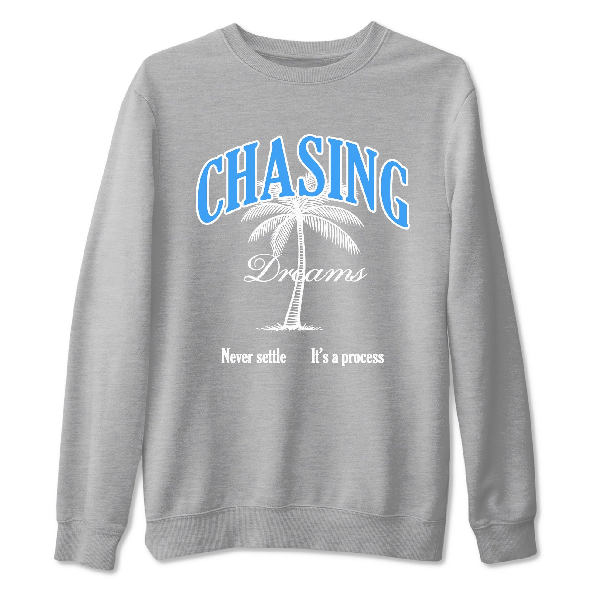 Chasing Dreams sneaker match t-shirt styled to complete your fit with the Air Jordan 12 White and University Blue sneakers, shown in Heather Grey 2.