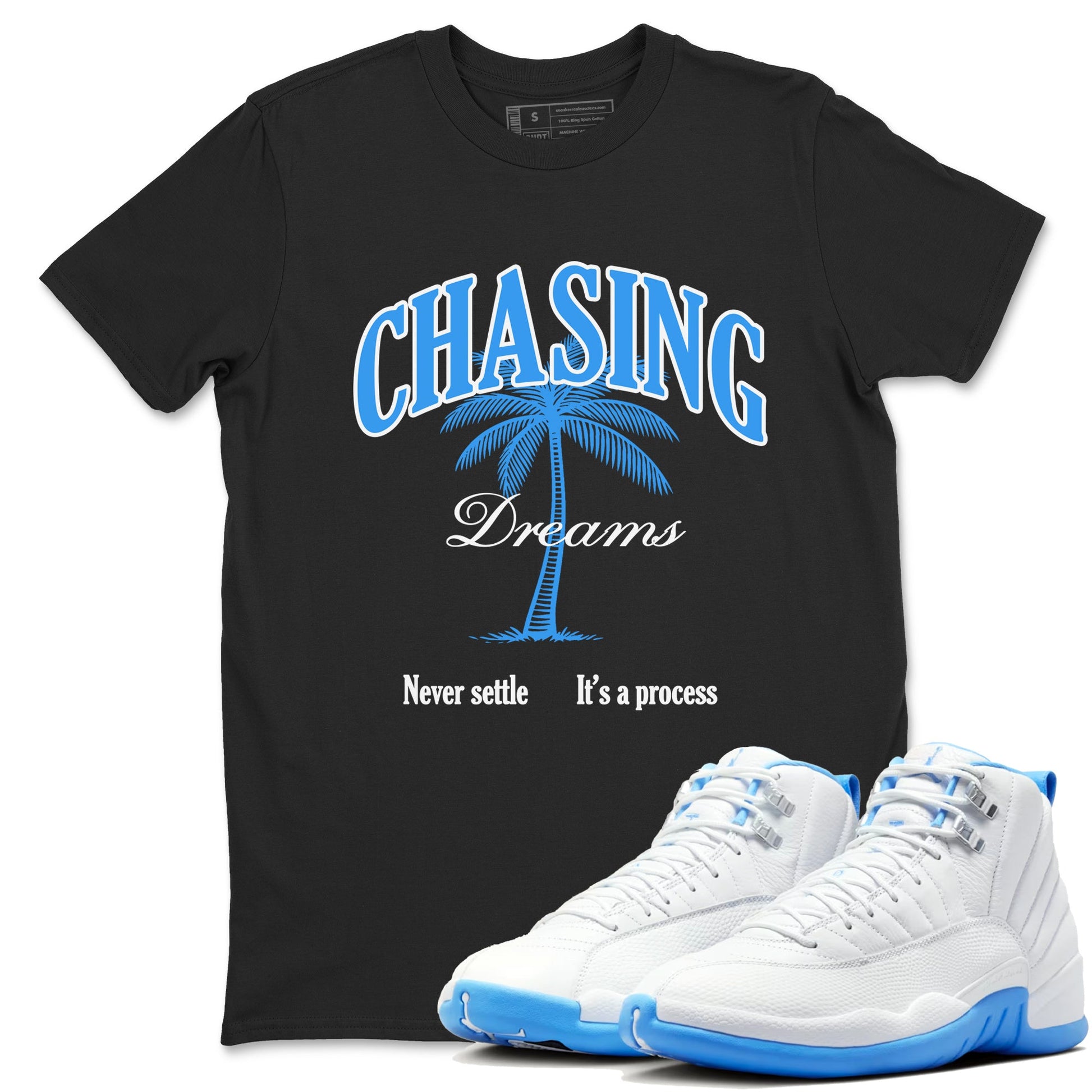 Chasing Dreams sneaker match t-shirt styled to complete your fit with the Air Jordan 12 White and University Blue sneakers, shown in Black 1.