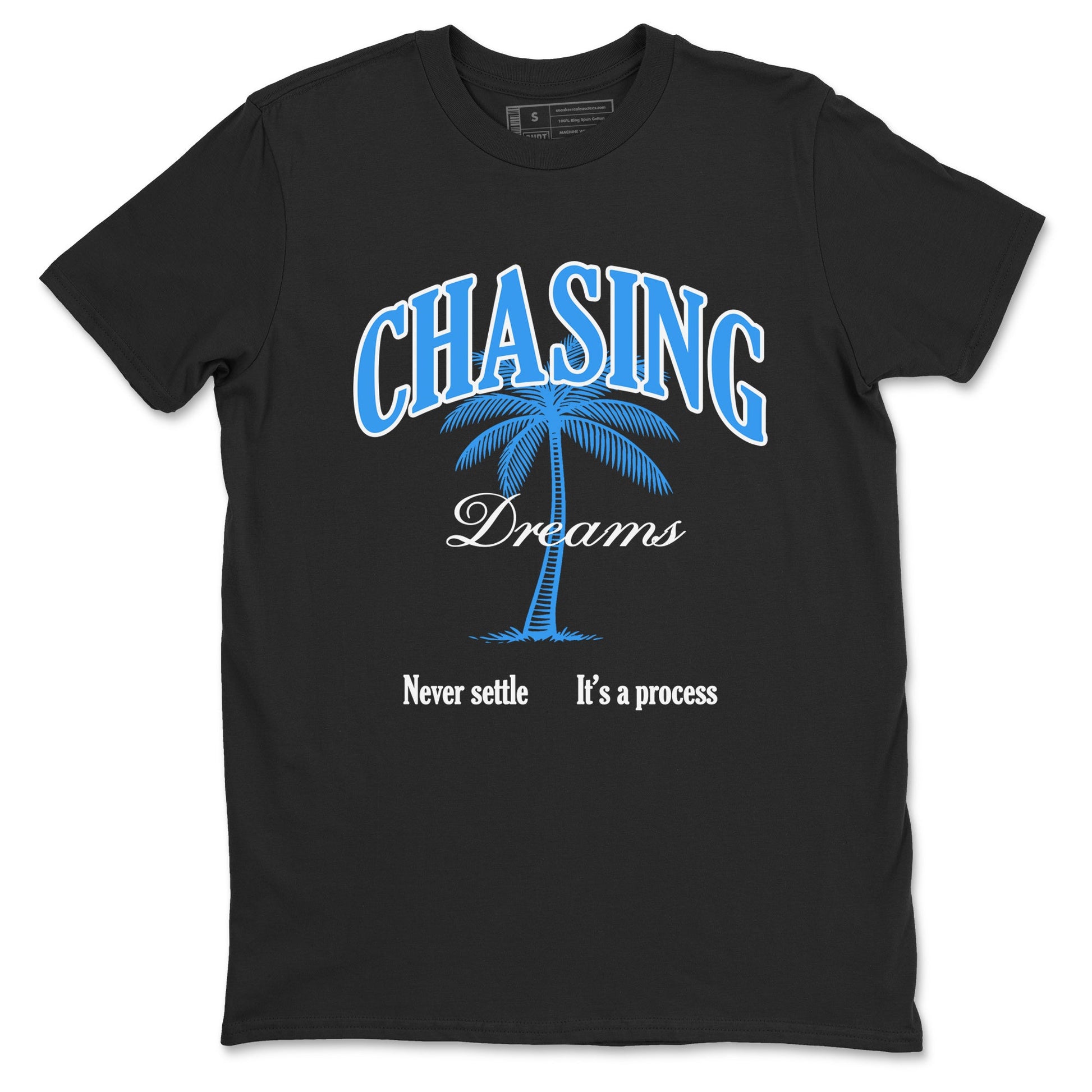 Chasing Dreams sneaker match t-shirt styled to complete your fit with the Air Jordan 12 White and University Blue sneakers, shown in Black 2.