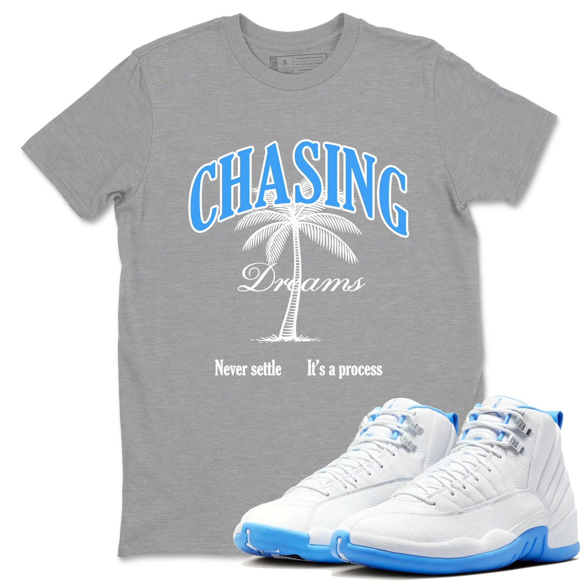 Chasing Dreams sneaker match t-shirt styled to complete your fit with the Air Jordan 12 White and University Blue sneakers, shown in Heather Grey 1.