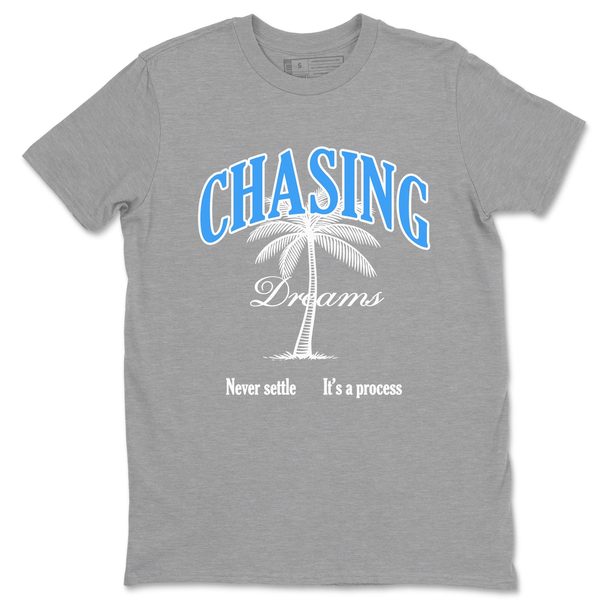 Chasing Dreams sneaker match t-shirt styled to complete your fit with the Air Jordan 12 White and University Blue sneakers, shown in Heather Grey 2.