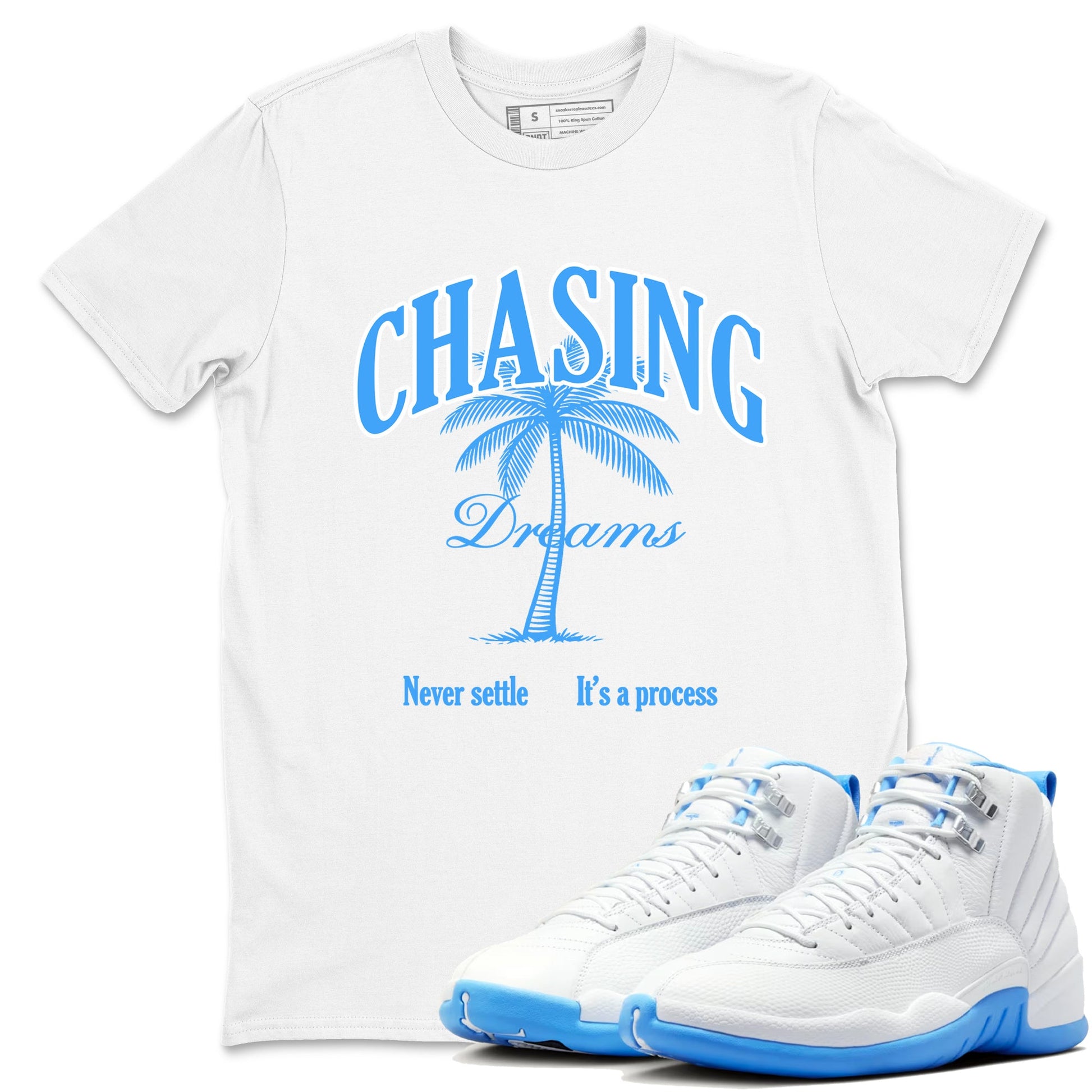 Chasing Dreams sneaker match t-shirt styled to complete your fit with the Air Jordan 12 White and University Blue sneakers, shown in White 1.