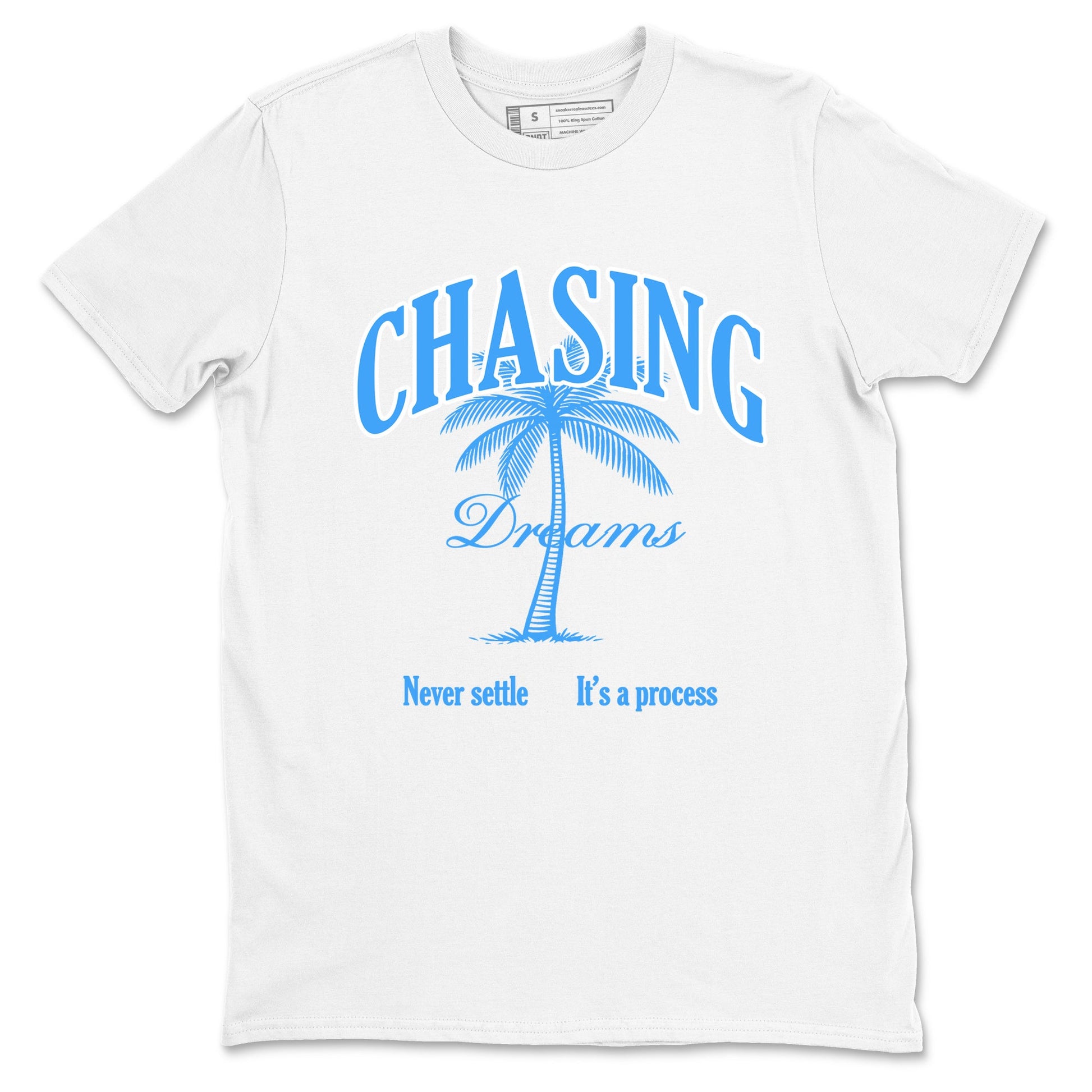 Chasing Dreams sneaker match t-shirt styled to complete your fit with the Air Jordan 12 White and University Blue sneakers, shown in White 2.