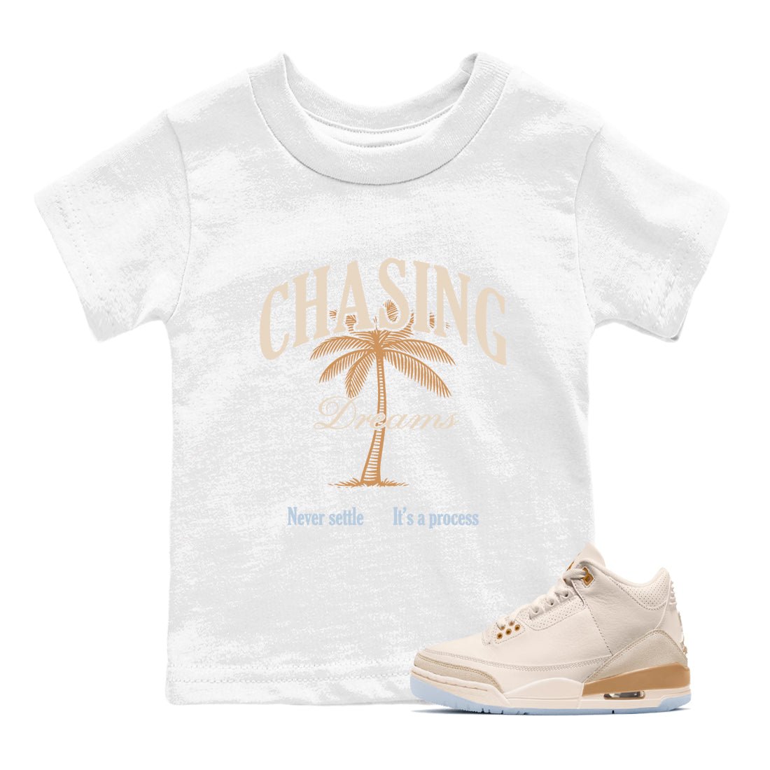 Sneaker match tees – Sneaker Tees To Match Air Jordan 3 Champagne and Oysters Shoes – Chasing Dreams Kids T-Shirt White 1