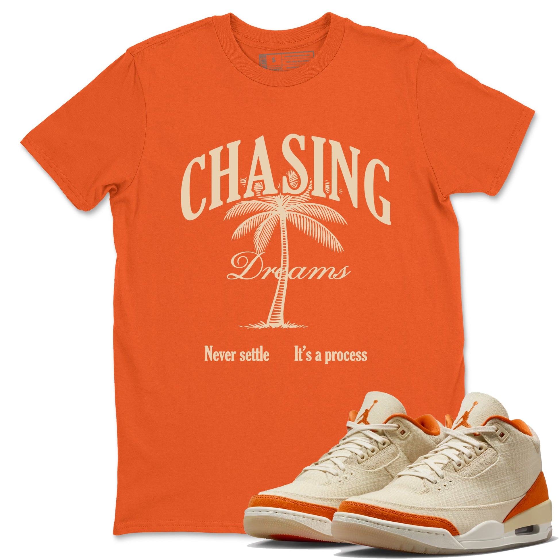 Chasing Dreams sneaker match t-shirt styled to complete your fit with the Air Jordan 3 Starfish sneakers, shown in Orange 1.