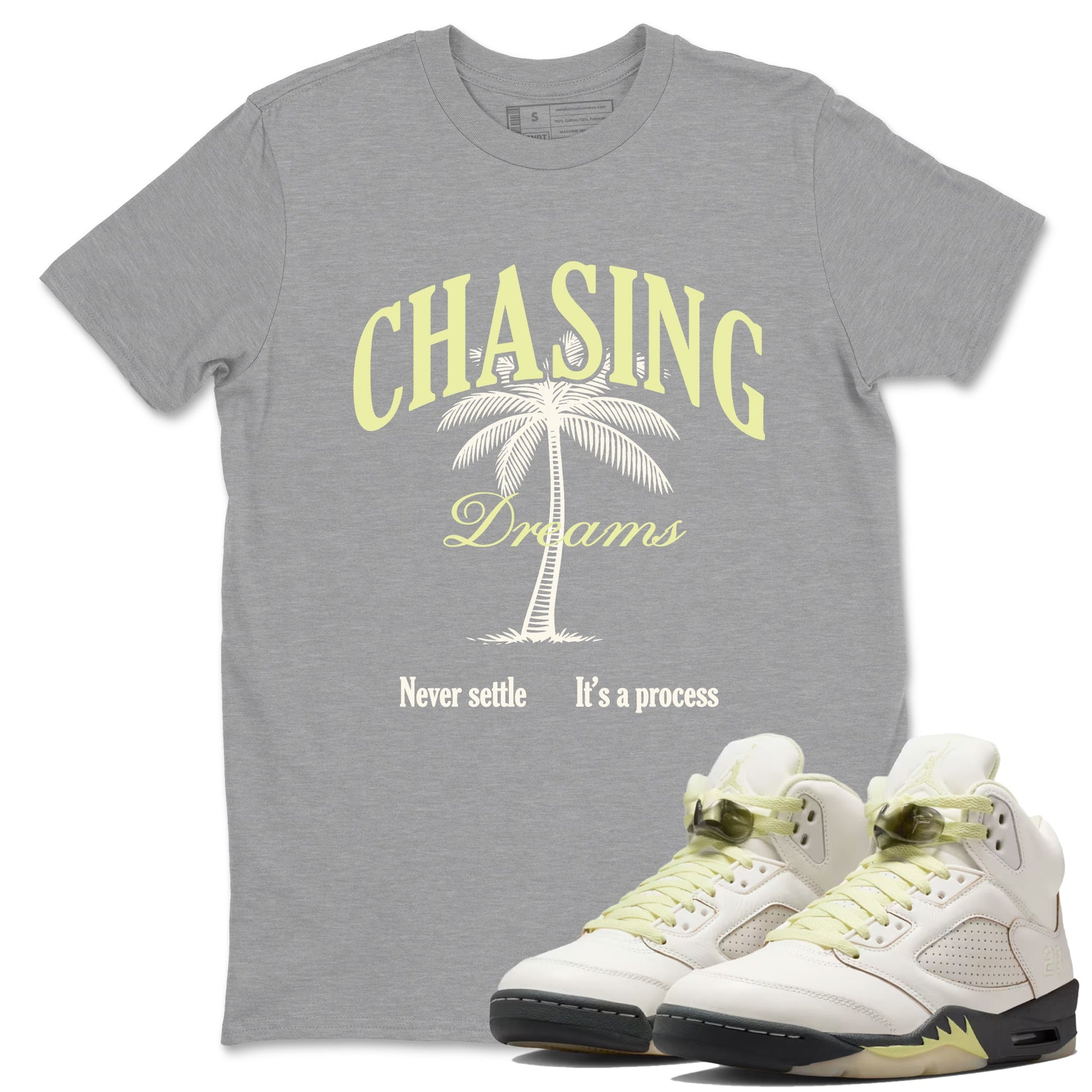 Sneaker match tees – Sneaker Tees To Match Air Jordan 5 Luminous Green Shoes – Chasing Dreams Tee Heather Grey 1