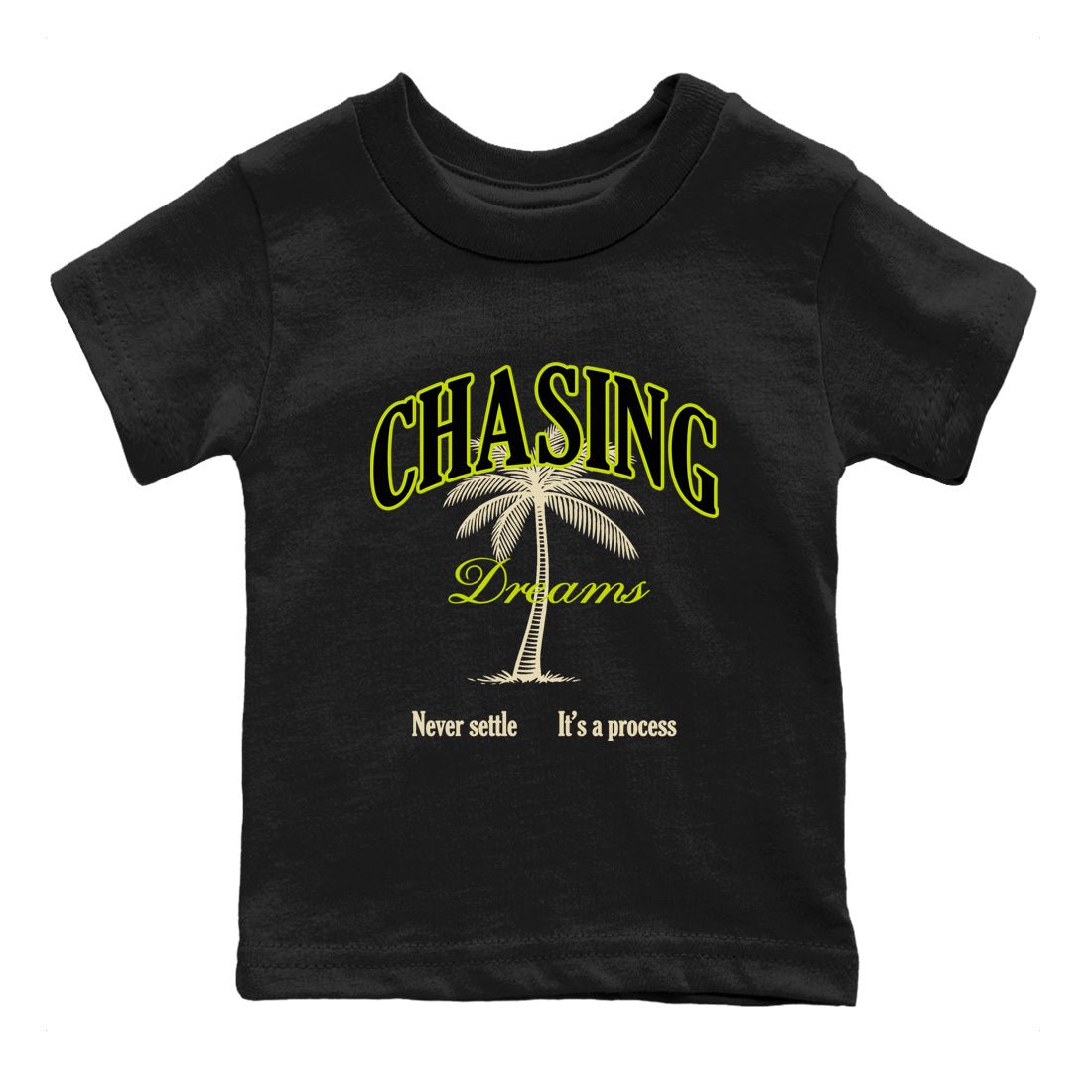 Chasing Dreams baby and kids t-shirt crafted for little sneakerheads to shine with the Jordan Jumpman Jack Travis Scott Bright Cactus sneakers, displayed in Black 2.