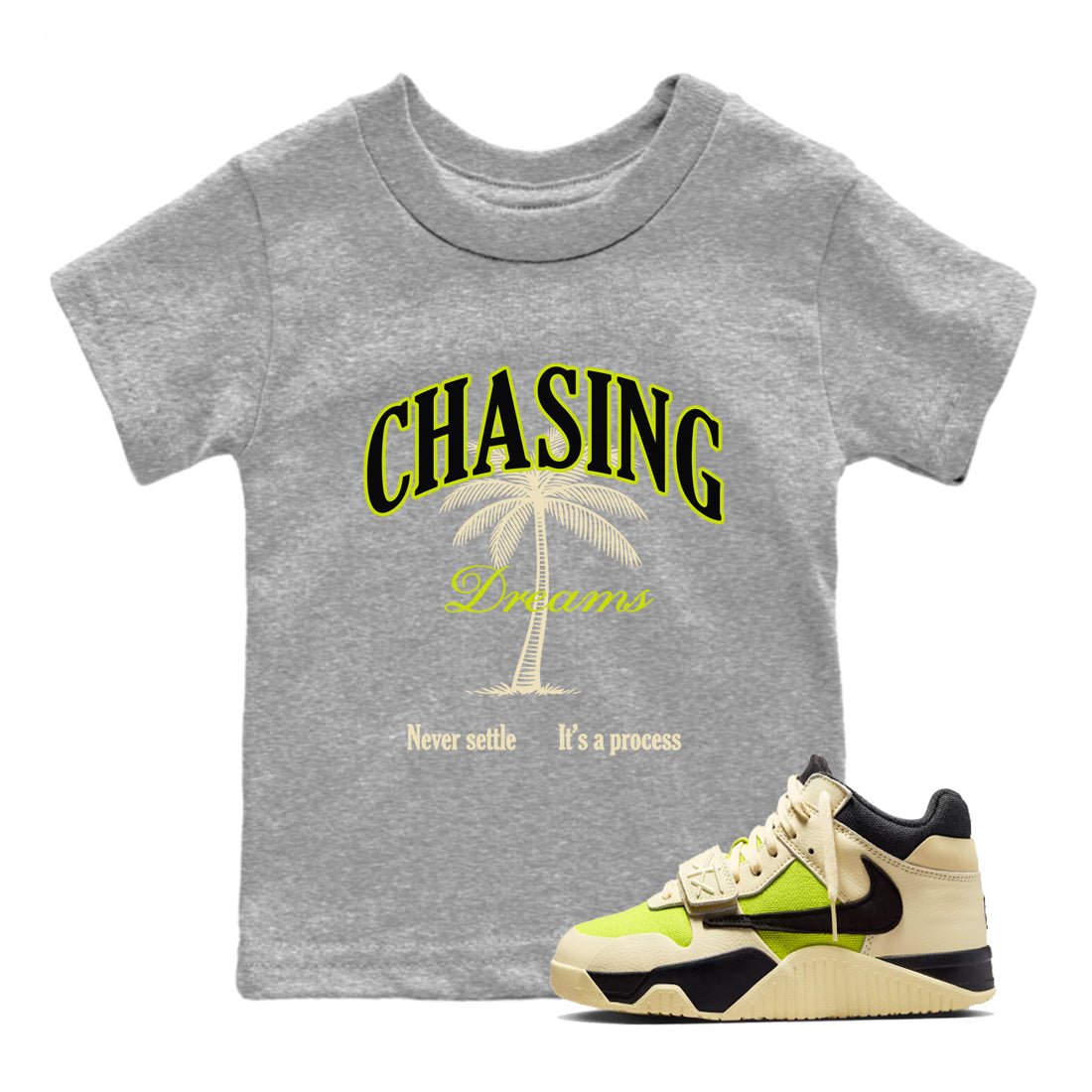 Chasing Dreams baby and kids t-shirt crafted for little sneakerheads to shine with the Jordan Jumpman Jack Travis Scott Bright Cactus sneakers, displayed in Heather Grey 1.