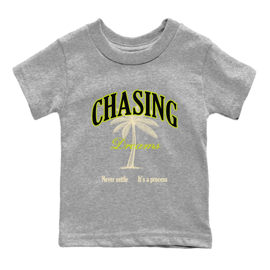 Chasing Dreams baby and kids t-shirt crafted for little sneakerheads to shine with the Jordan Jumpman Jack Travis Scott Bright Cactus sneakers, displayed in Heather Grey 2.
