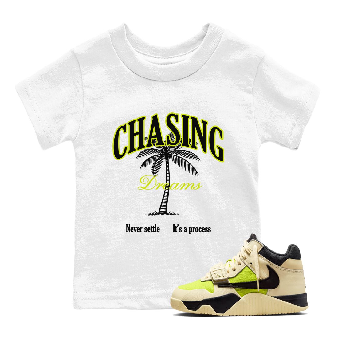 Chasing Dreams baby and kids t-shirt crafted for little sneakerheads to shine with the Jordan Jumpman Jack Travis Scott Bright Cactus sneakers, displayed in White 1.