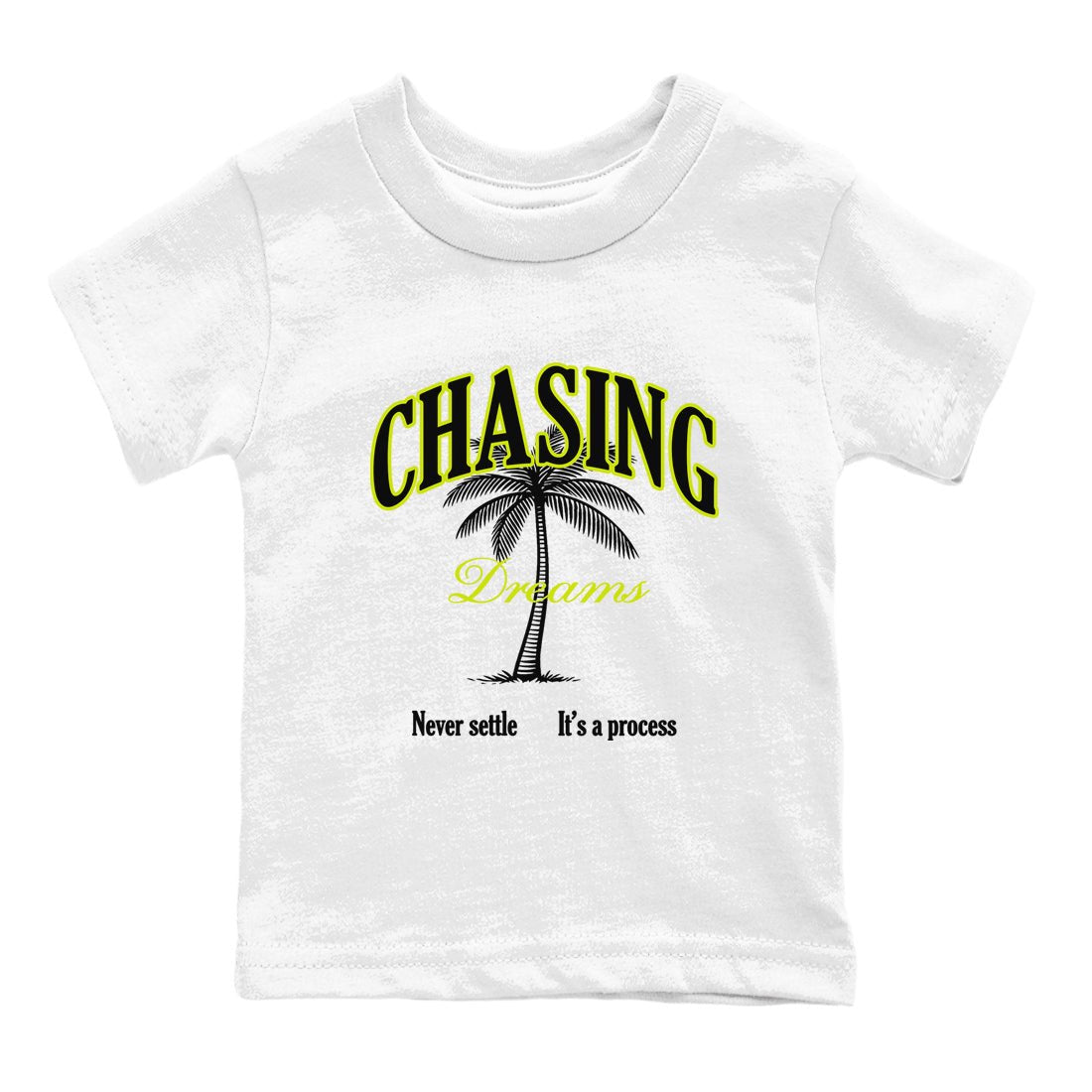 Chasing Dreams baby and kids t-shirt crafted for little sneakerheads to shine with the Jordan Jumpman Jack Travis Scott Bright Cactus sneakers, displayed in White 2.