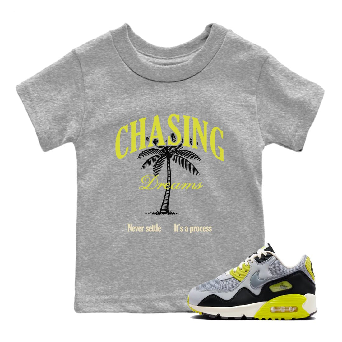 Chasing Dreams baby and kids t-shirt crafted for little sneakerheads to shine with the Air Max 90 Cyber sneakers, displayed in Heather Grey 1.