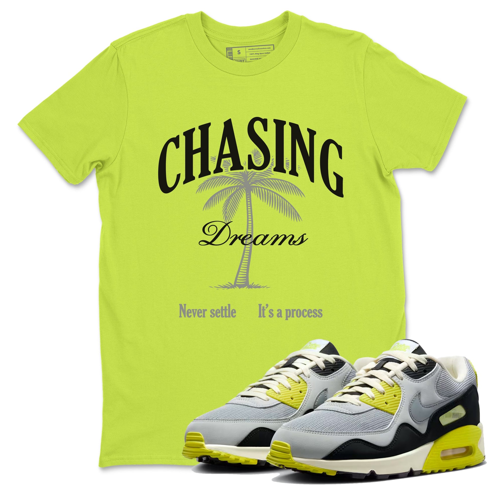 Chasing Dreams sneaker match t-shirt styled to complete your fit with the Air Max 90 Cyber sneakers, shown in Safety Green 1.