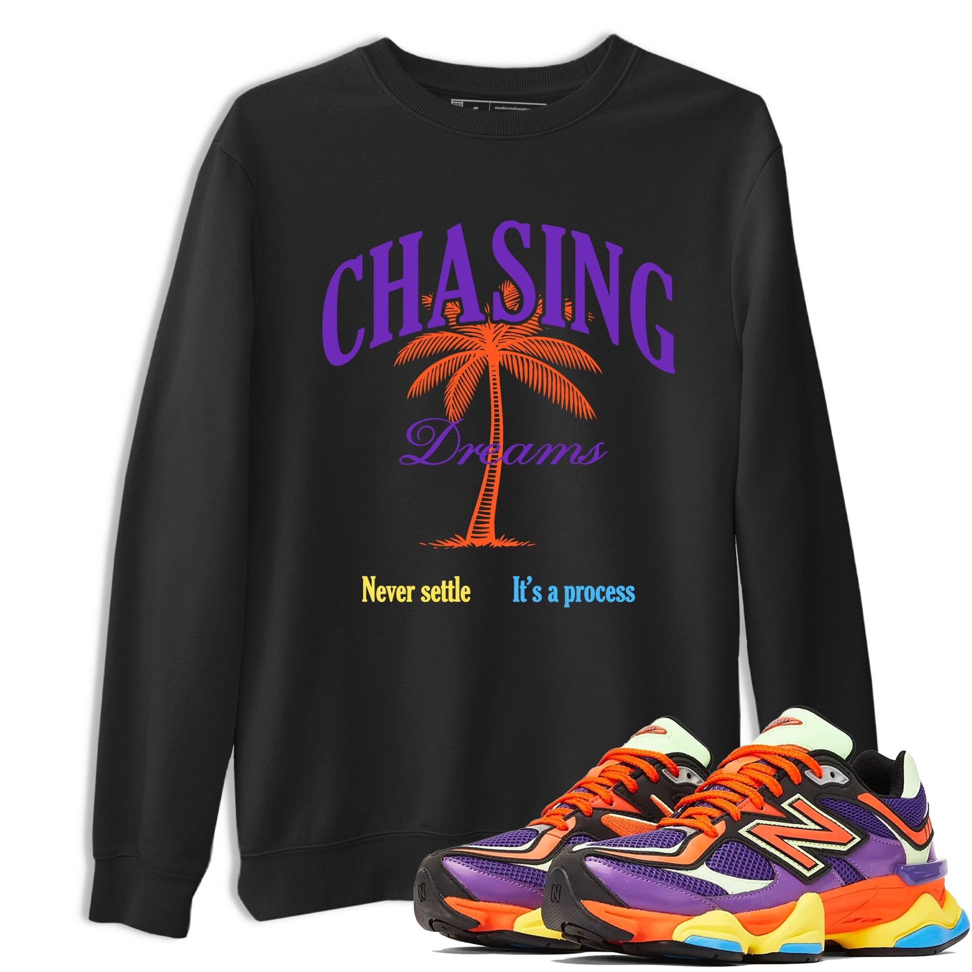 Sneaker Threads – Sneaker Tees To Match New Balance 9060 Prism Purple – Chasing Dreams Graphic Tee Black 1. Perfect for Jordan releases 2025 colorways.